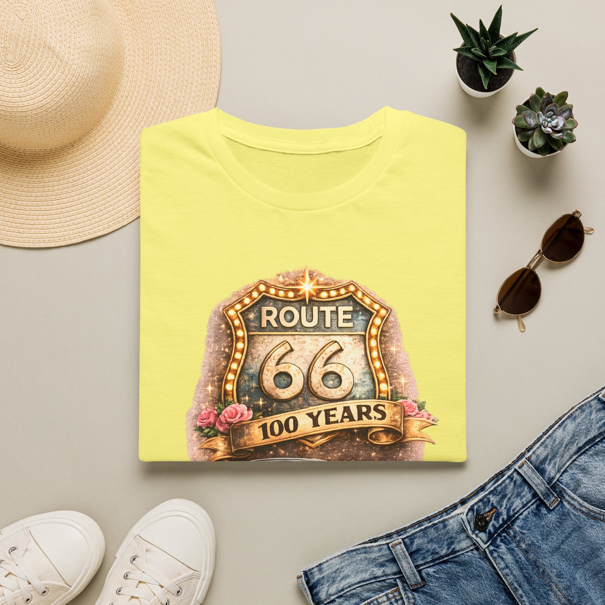 Route 66 100 Years Pink Classic Car T-Shirt | Vintage Road Trip Tee