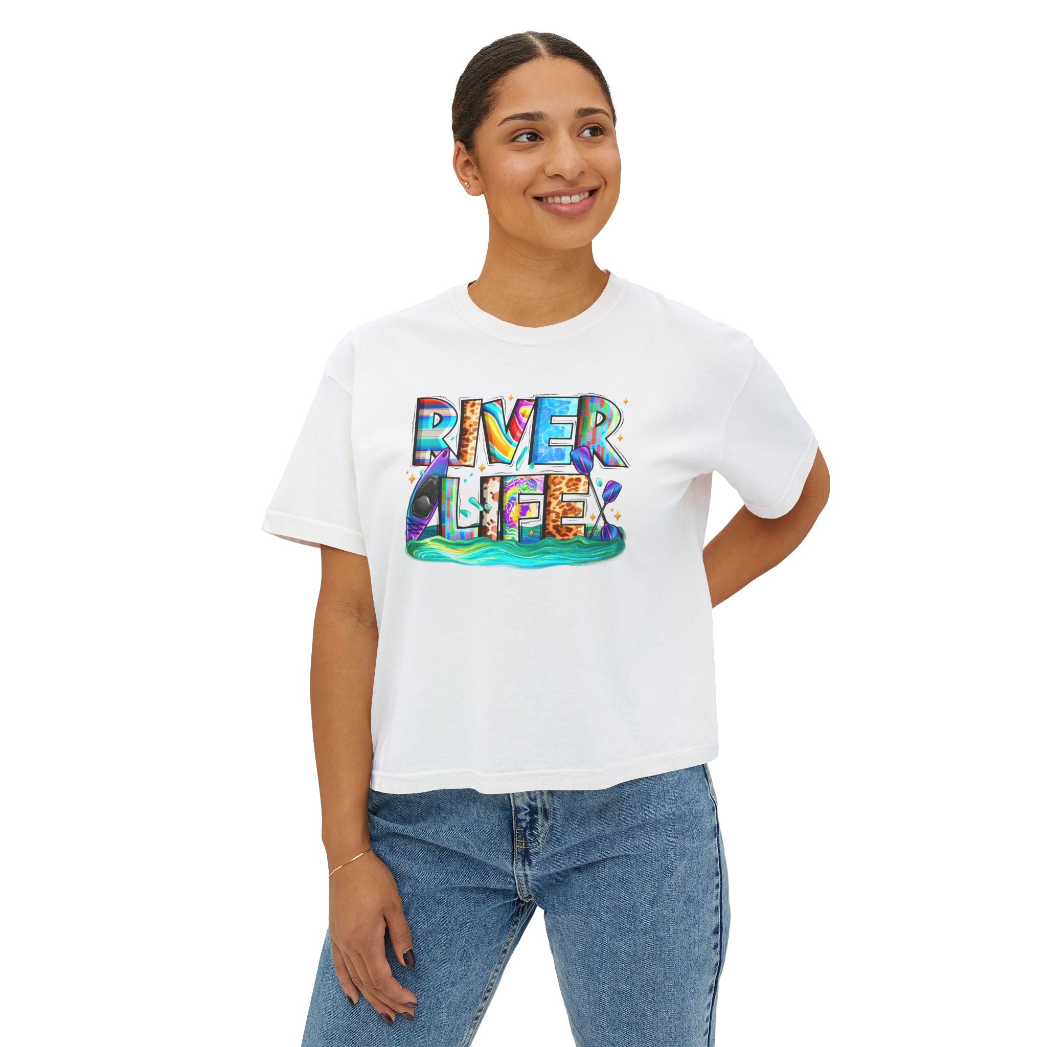 River Life boxy tee | colorful river lettering, kayak, fishing graphics