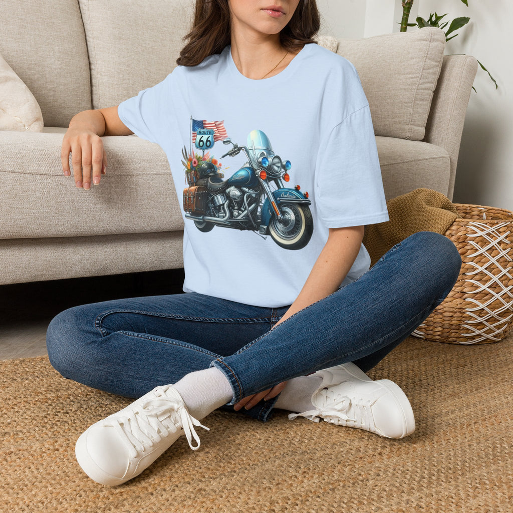 Route 66 Motorcycle Illustration T-Shirt | American Flag, Sunflowers