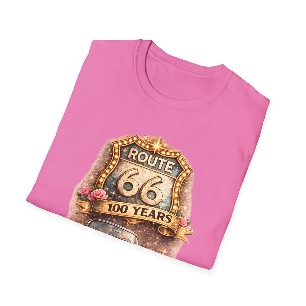 Route 66 100 Years Pink Classic Car T-Shirt | Vintage Road Trip Tee