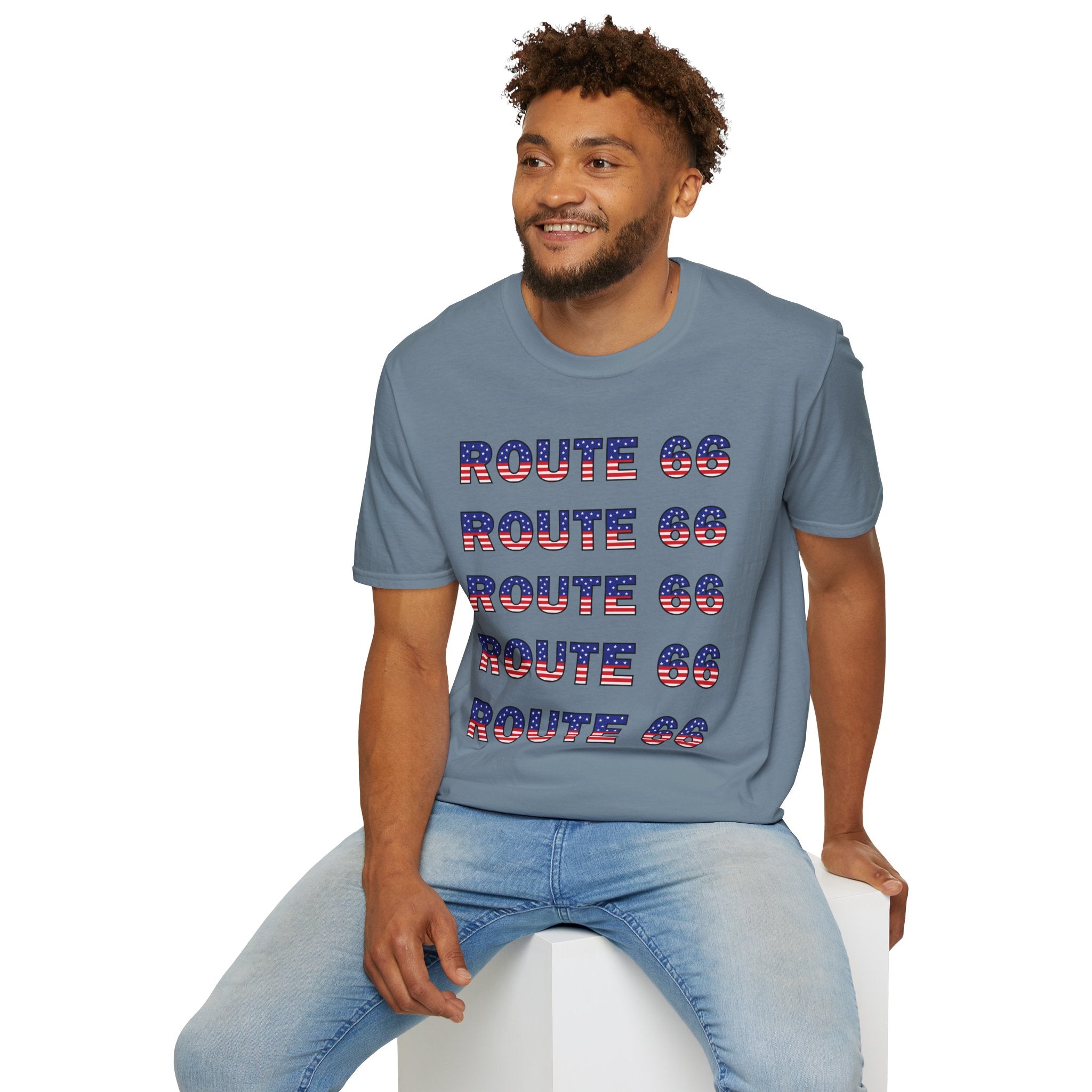 Route 66 Retro Text T-Shirt | American Flag Roadtrip Graphic