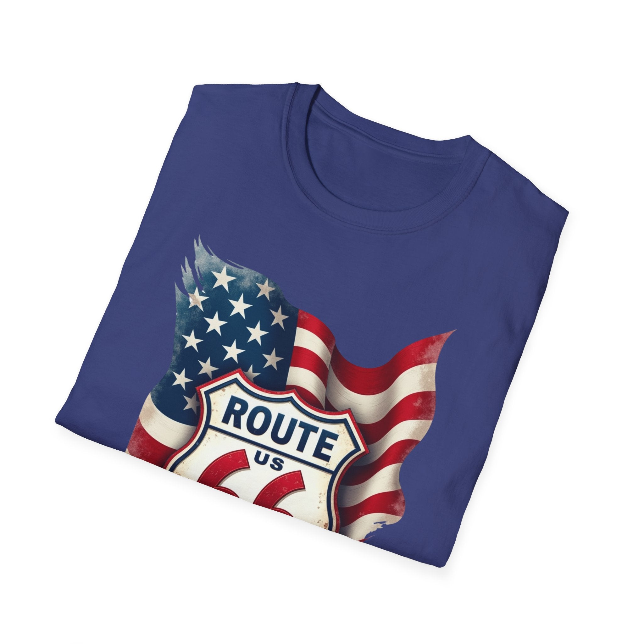 Route 66 Shield with American Flag T-Shirt | Vintage Road Trip Tee