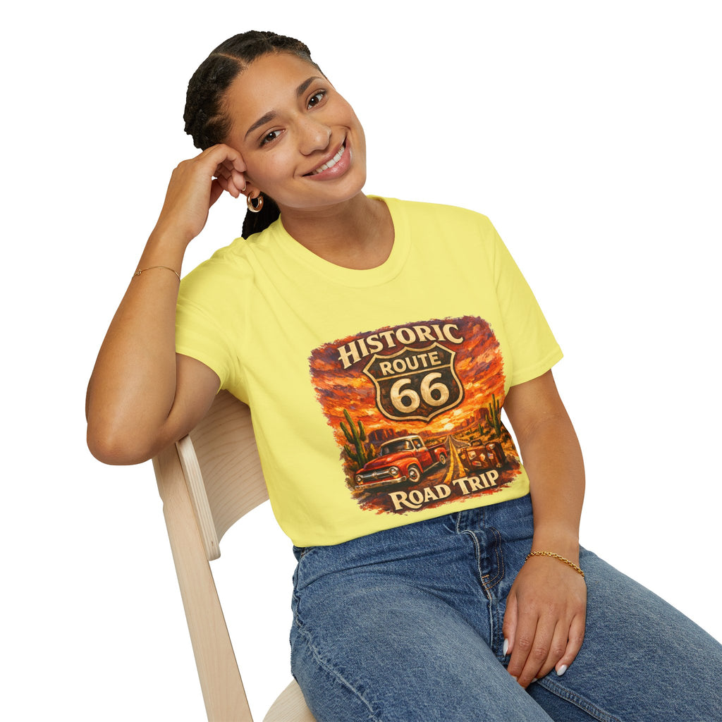 Historic Route 66 Road Trip T-Shirt | Vintage Car Desert Sunset