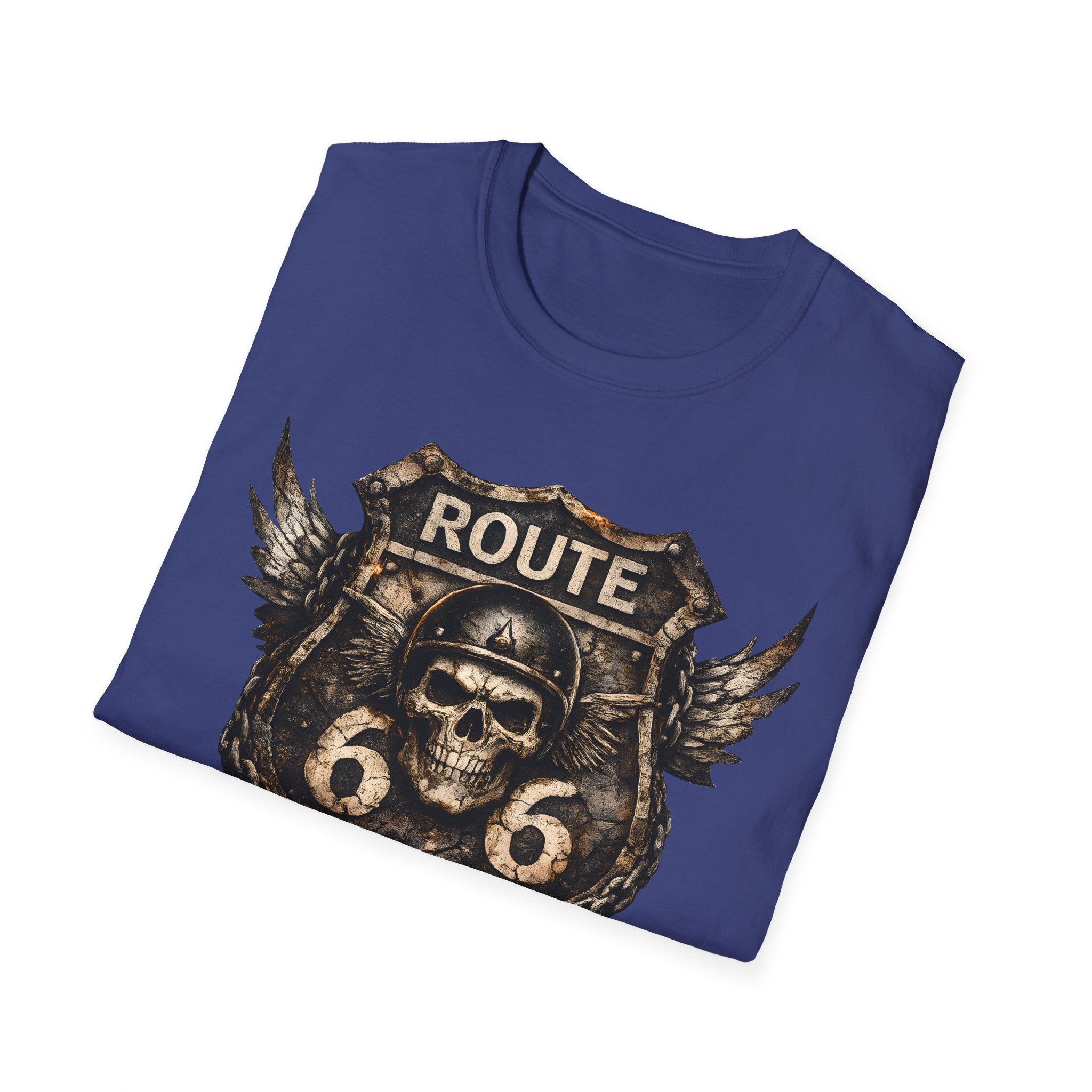 Route 66 Skull Badge T-Shirt | Ride the Legend, Winged Helmet Motorcycle Design