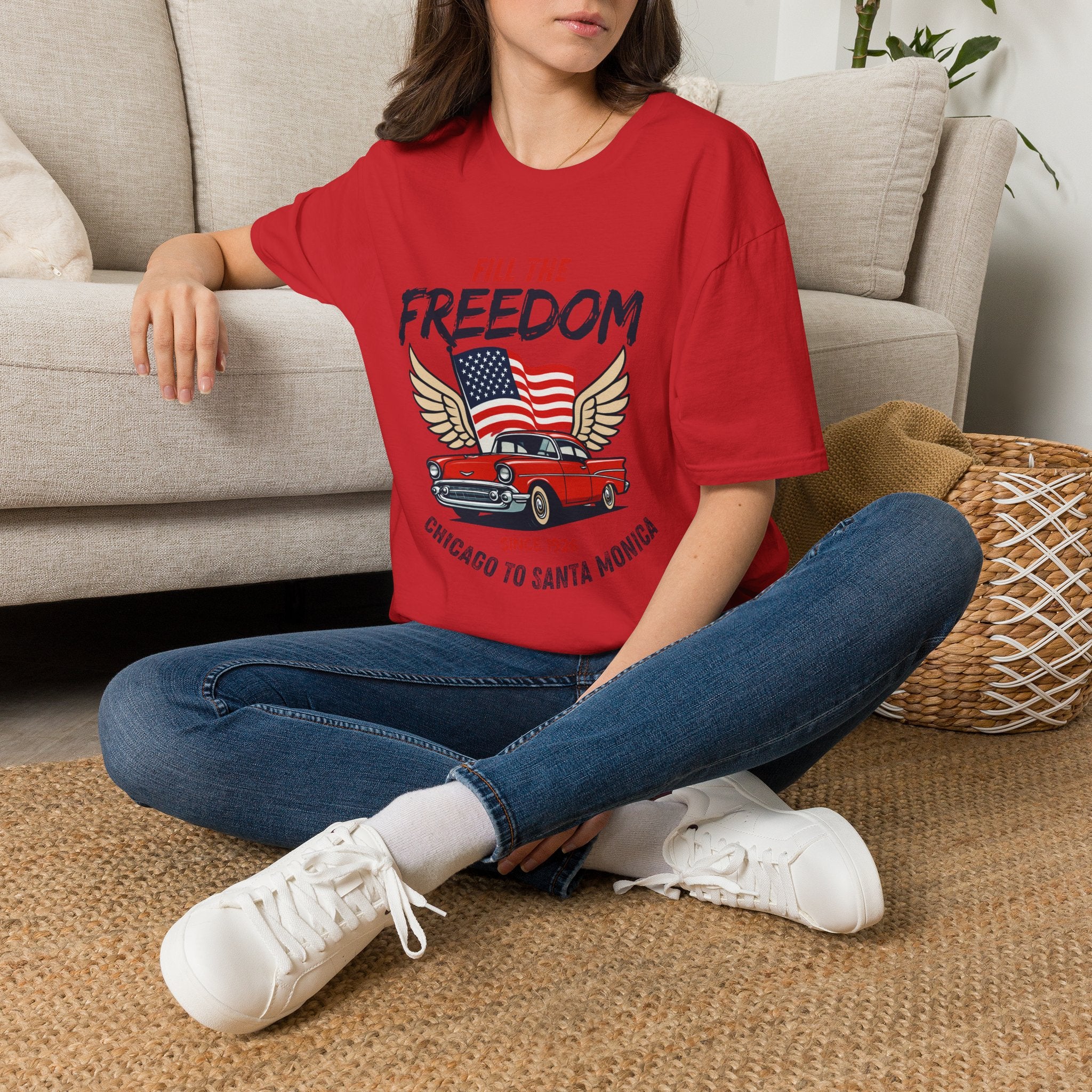 Fill the Freedom Vintage Car T-Shirt | American Flag Wings Chicago to Santa Monica Route 66
