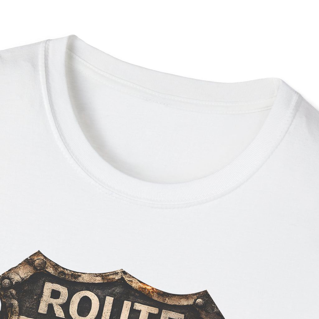 Route 66 Skull Badge T-Shirt | Ride the Legend, Winged Helmet Motorcycle Design