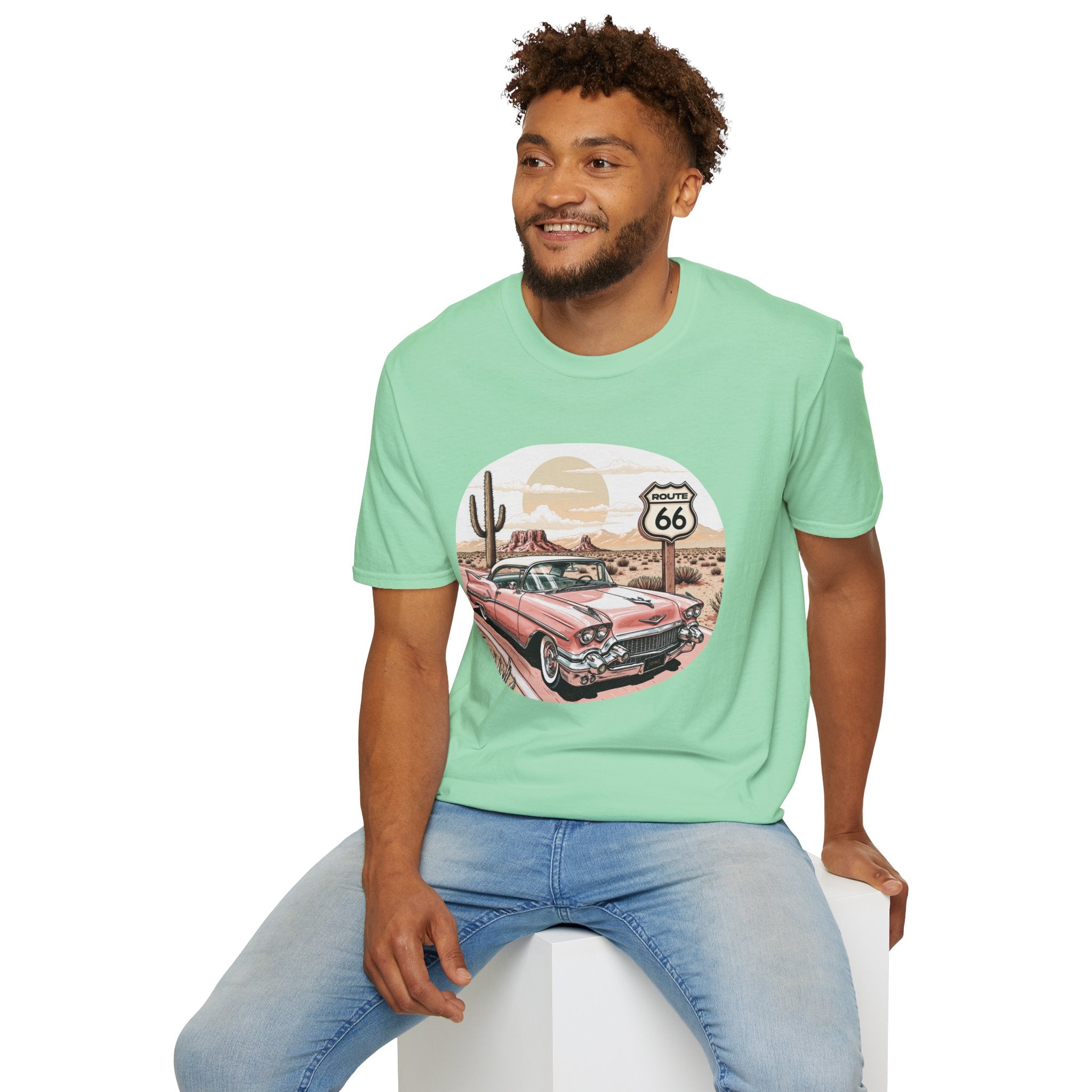 Retro Pink Classic Car Route 66 T-Shirt | Desert Cactus Vintage Roadtrip