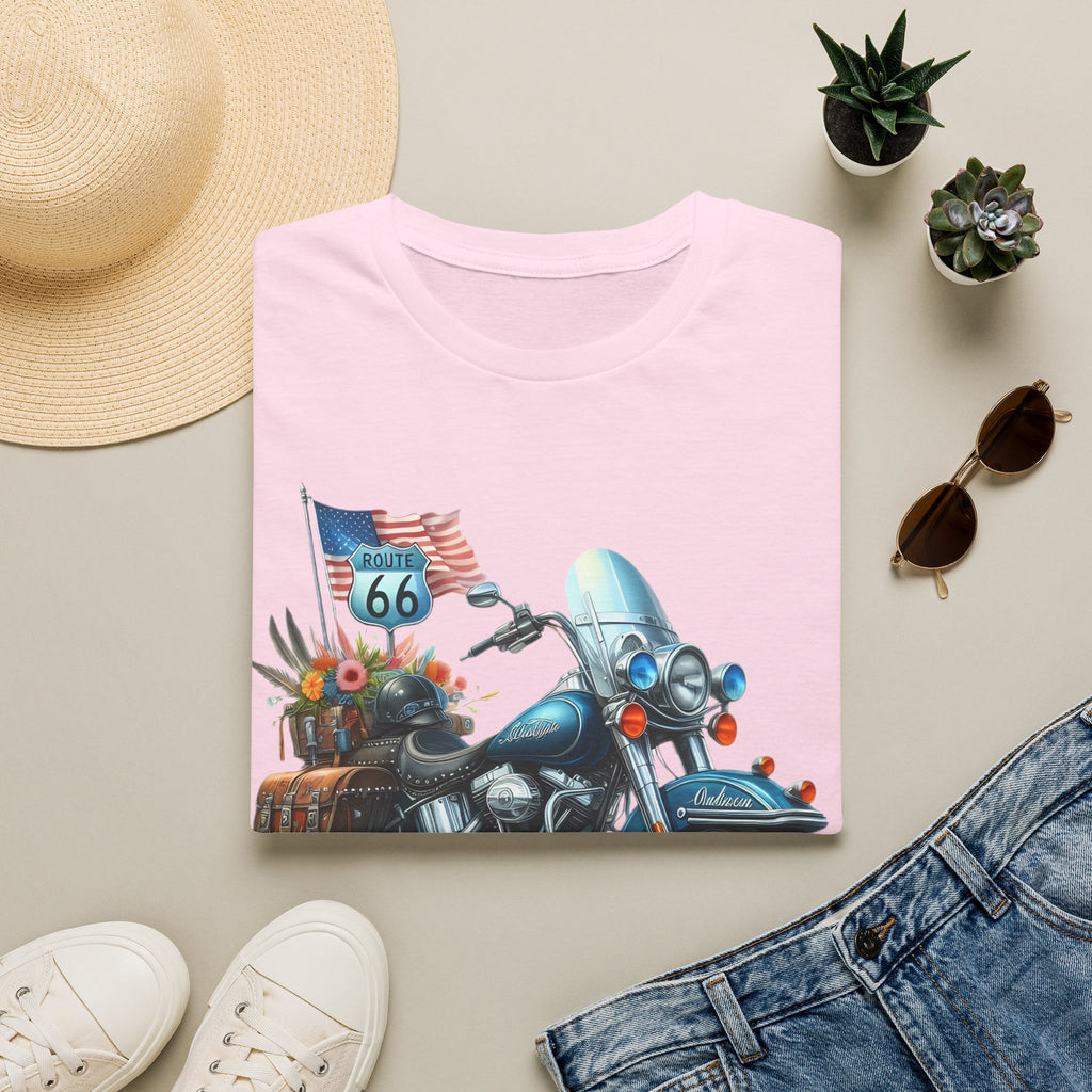 Route 66 Motorcycle Illustration T-Shirt | American Flag, Sunflowers