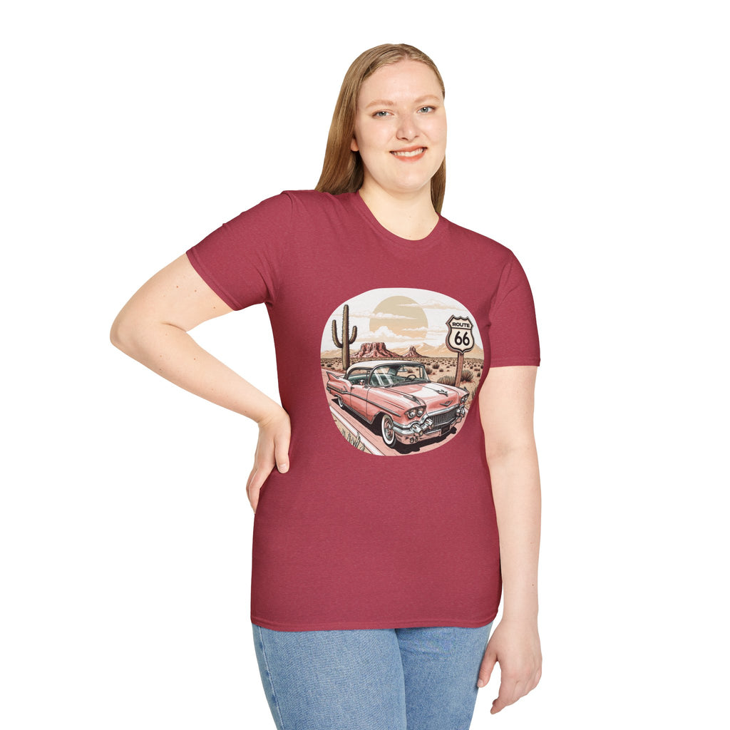 Retro Pink Classic Car Route 66 T-Shirt | Desert Cactus Vintage Roadtrip