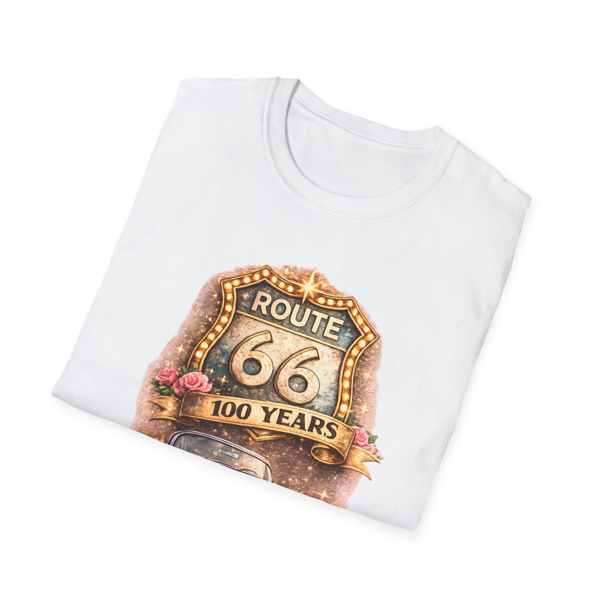 Route 66 100 Years Pink Classic Car T-Shirt | Vintage Road Trip Tee