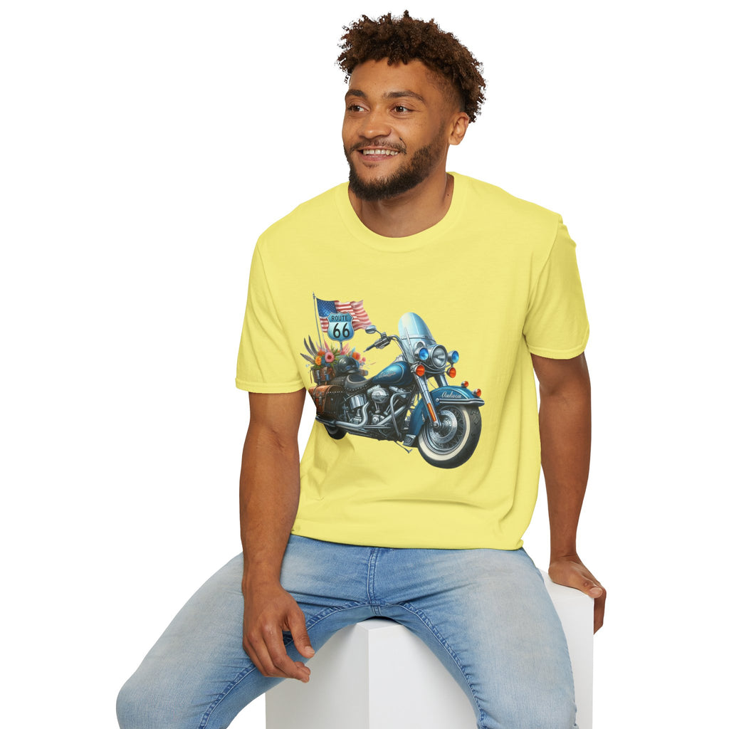 Route 66 Motorcycle Illustration T-Shirt | American Flag, Sunflowers