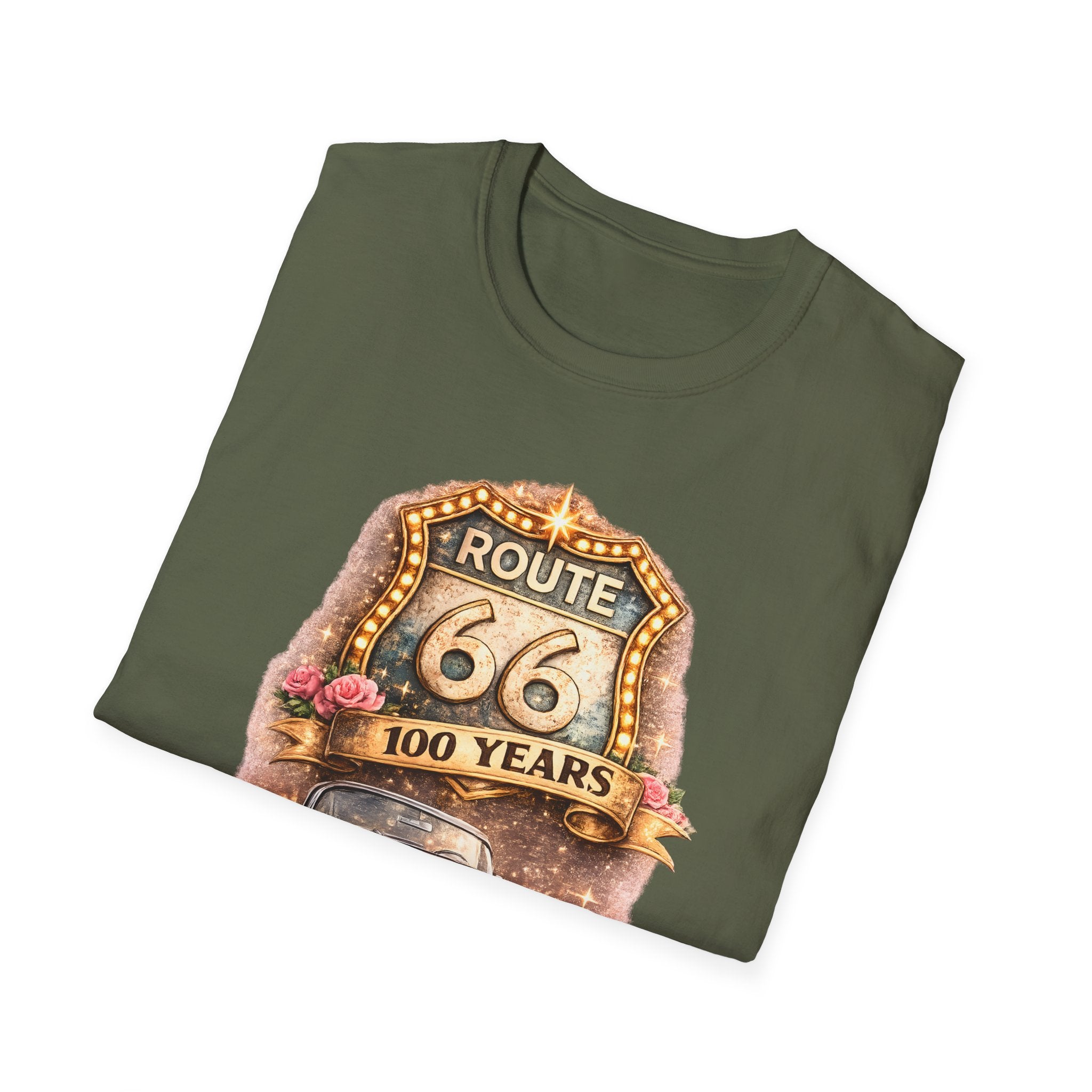 Route 66 100 Years Pink Classic Car T-Shirt | Vintage Road Trip Tee