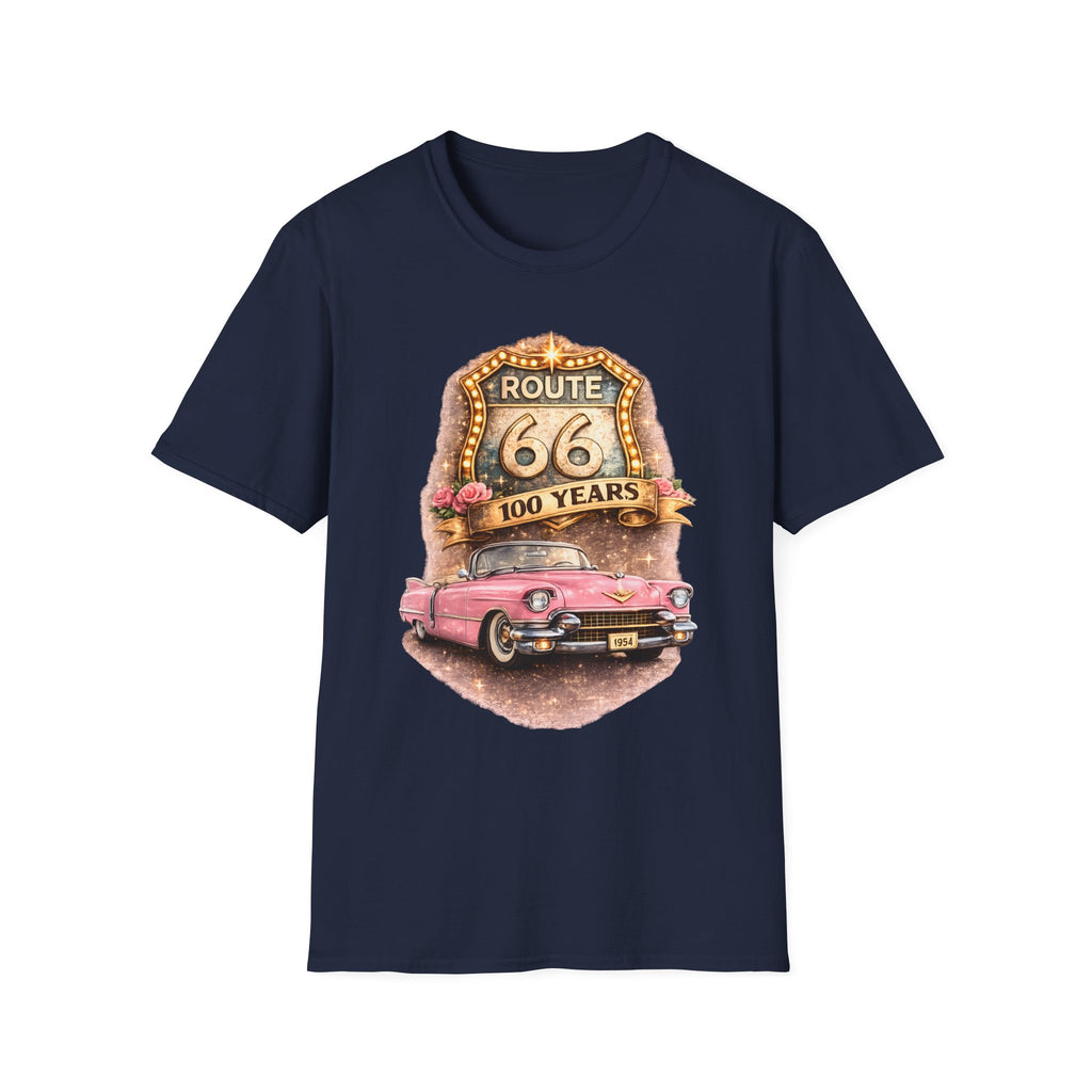 Route 66 100 Years Pink Classic Car T-Shirt | Vintage Road Trip Tee