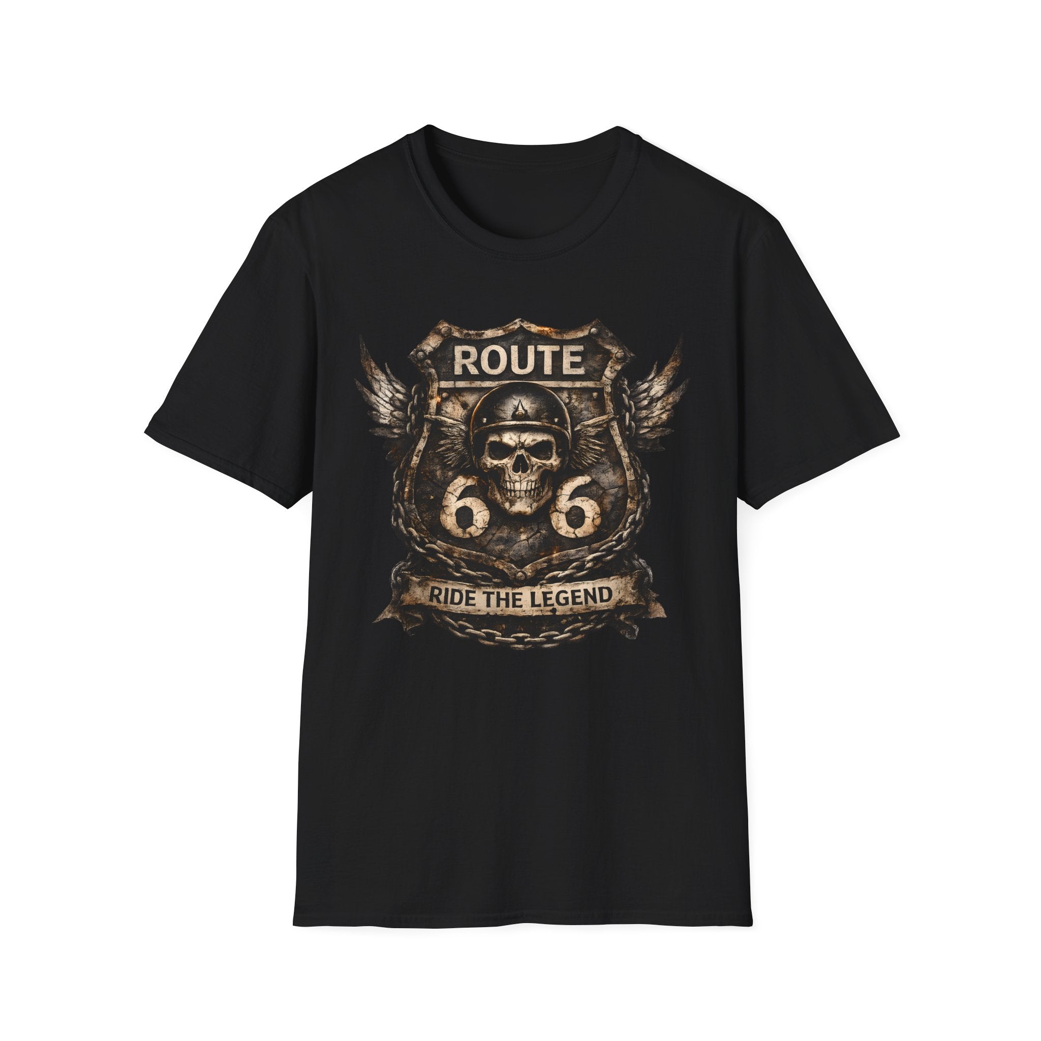 Route 66 Skull Badge T-Shirt | Ride the Legend, Winged Helmet Motorcycle Design