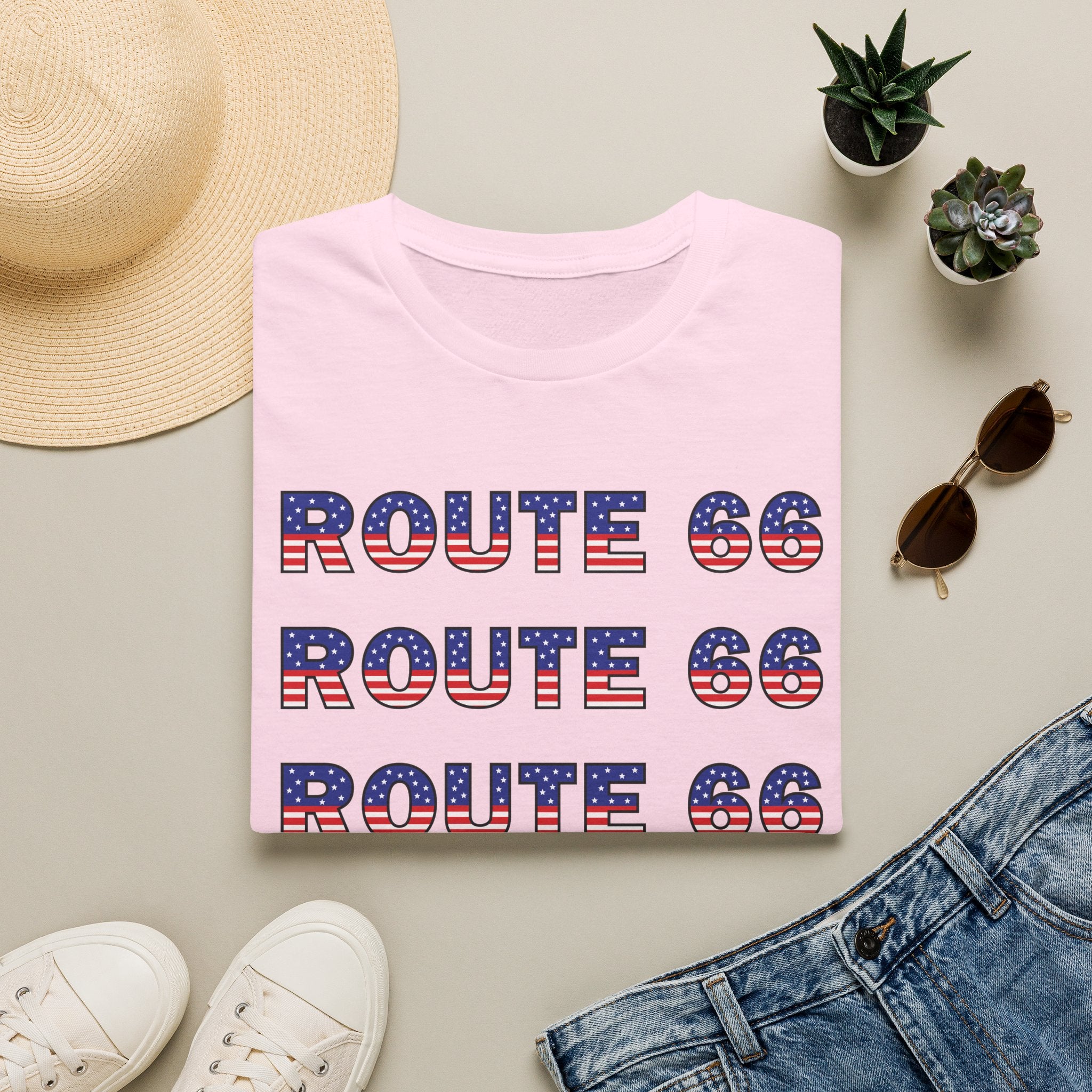 Route 66 Retro Text T-Shirt | American Flag Roadtrip Graphic