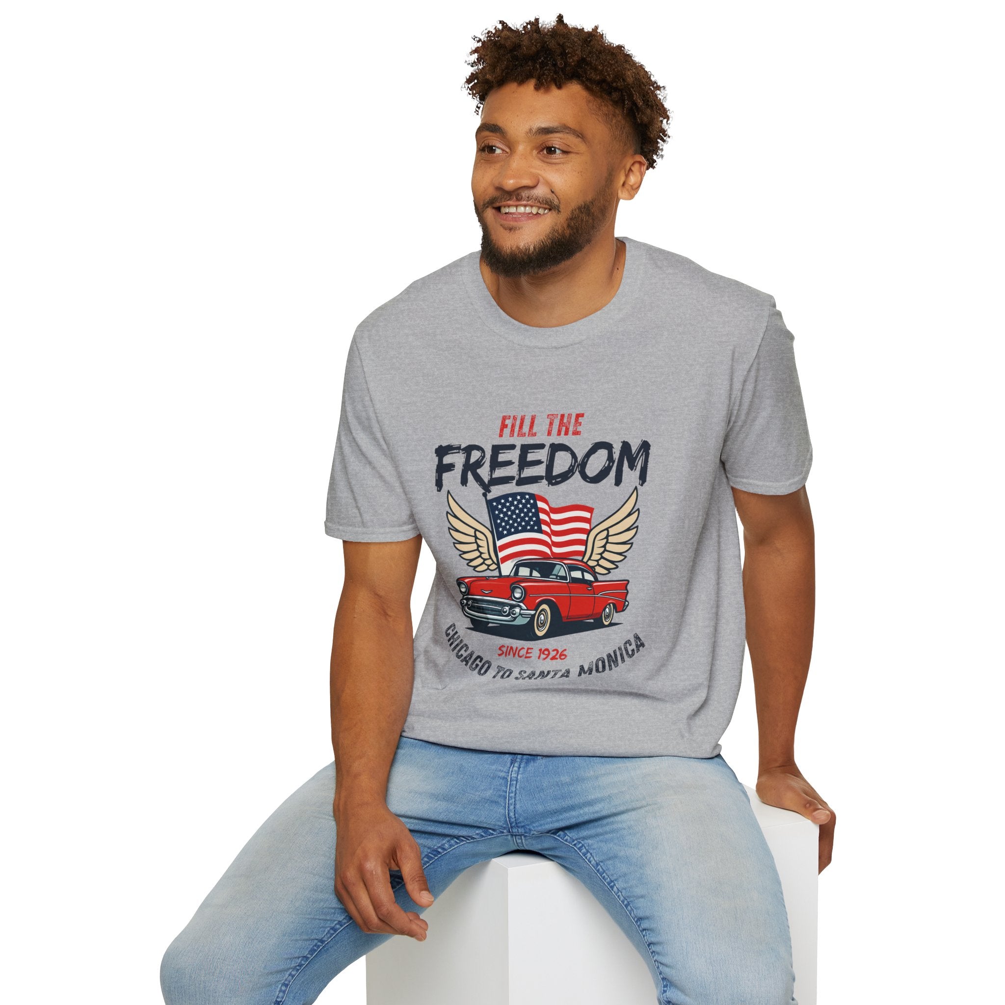 Fill the Freedom Vintage Car T-Shirt | American Flag Wings Chicago to Santa Monica Route 66