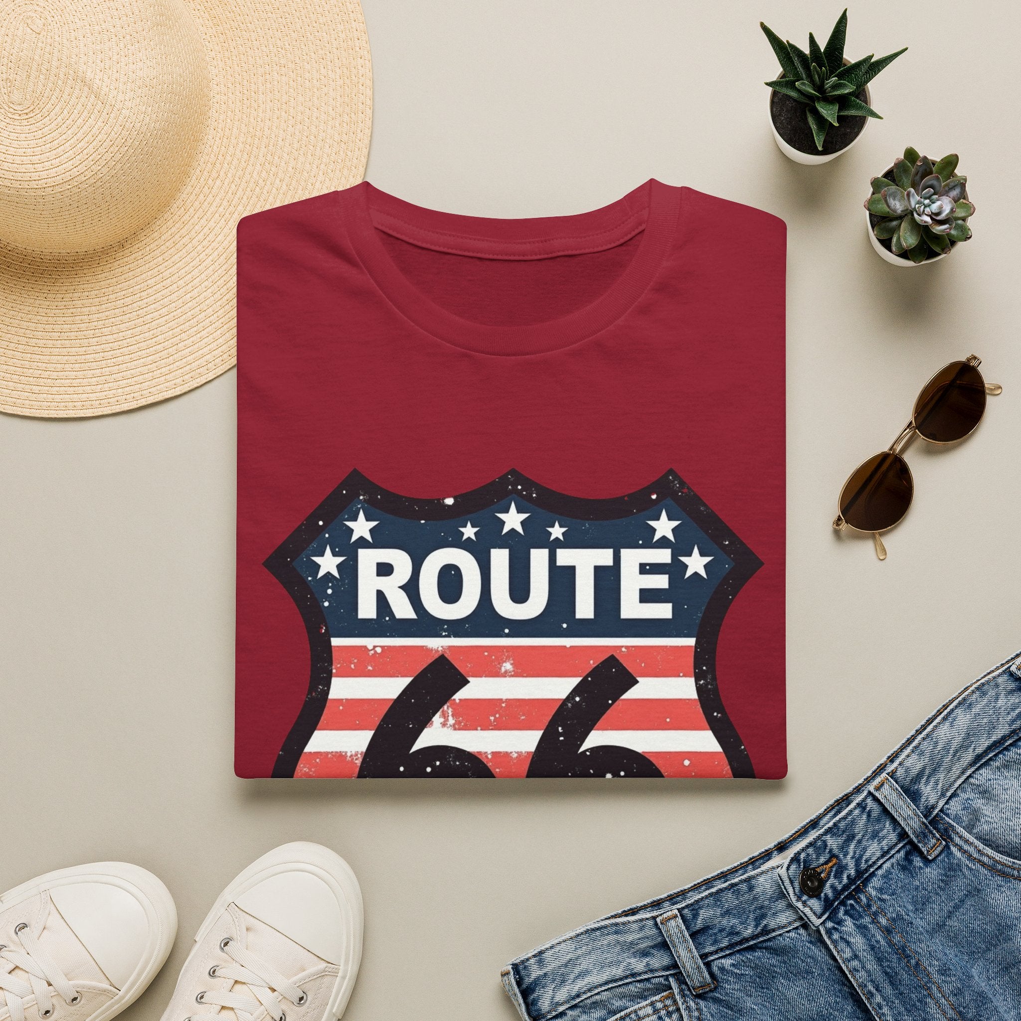 Route 66 Shield T-Shirt | American Flag Vintage Road Sign
