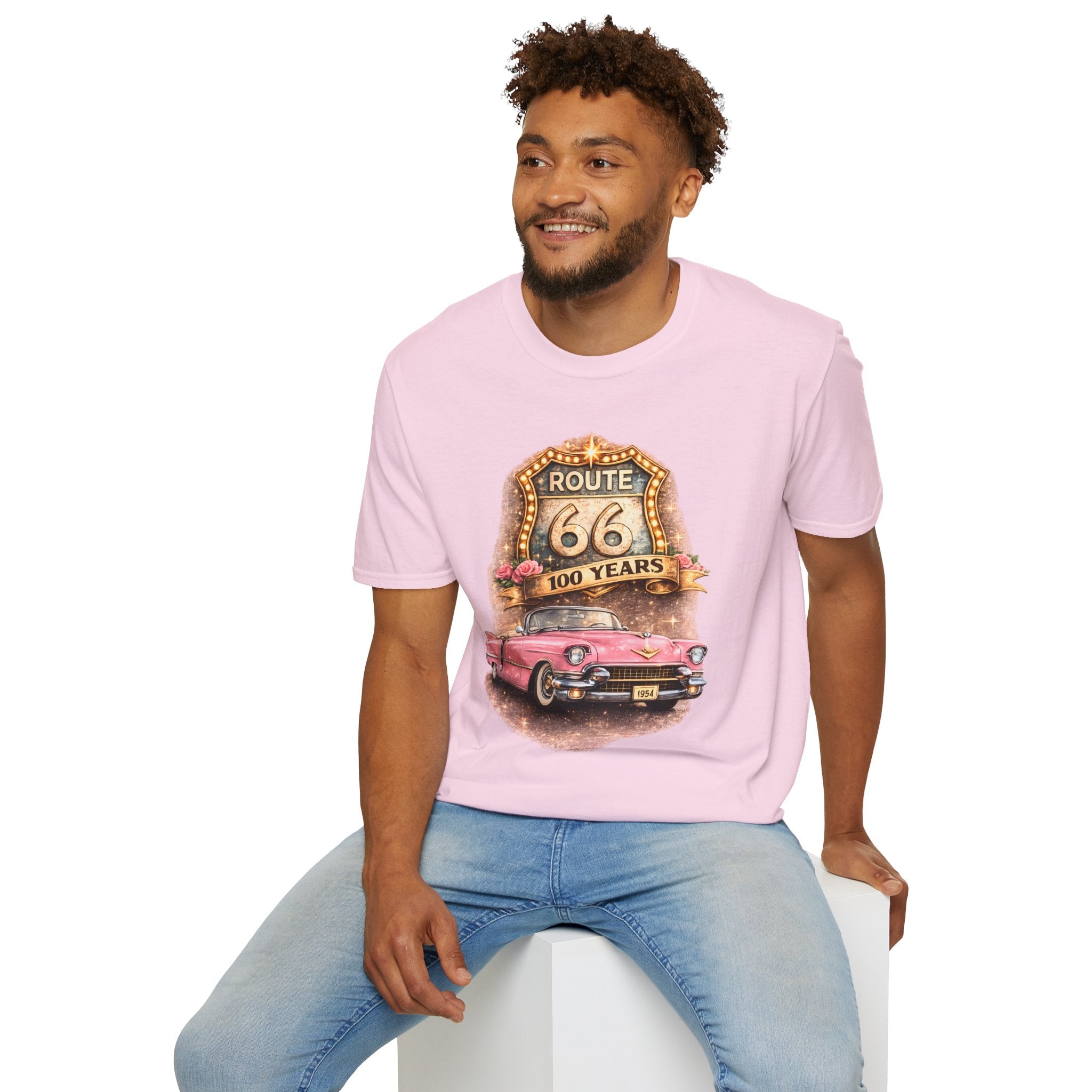 Route 66 100 Years Pink Classic Car T-Shirt | Vintage Road Trip Tee
