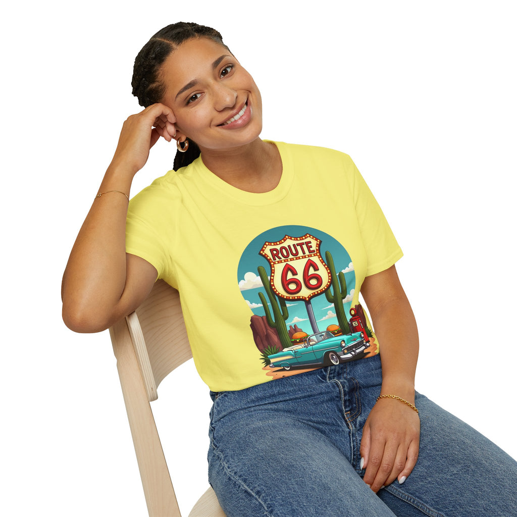 Route 66 Classic Car T-Shirt | Retro Desert Road Sign, Vintage Convertible