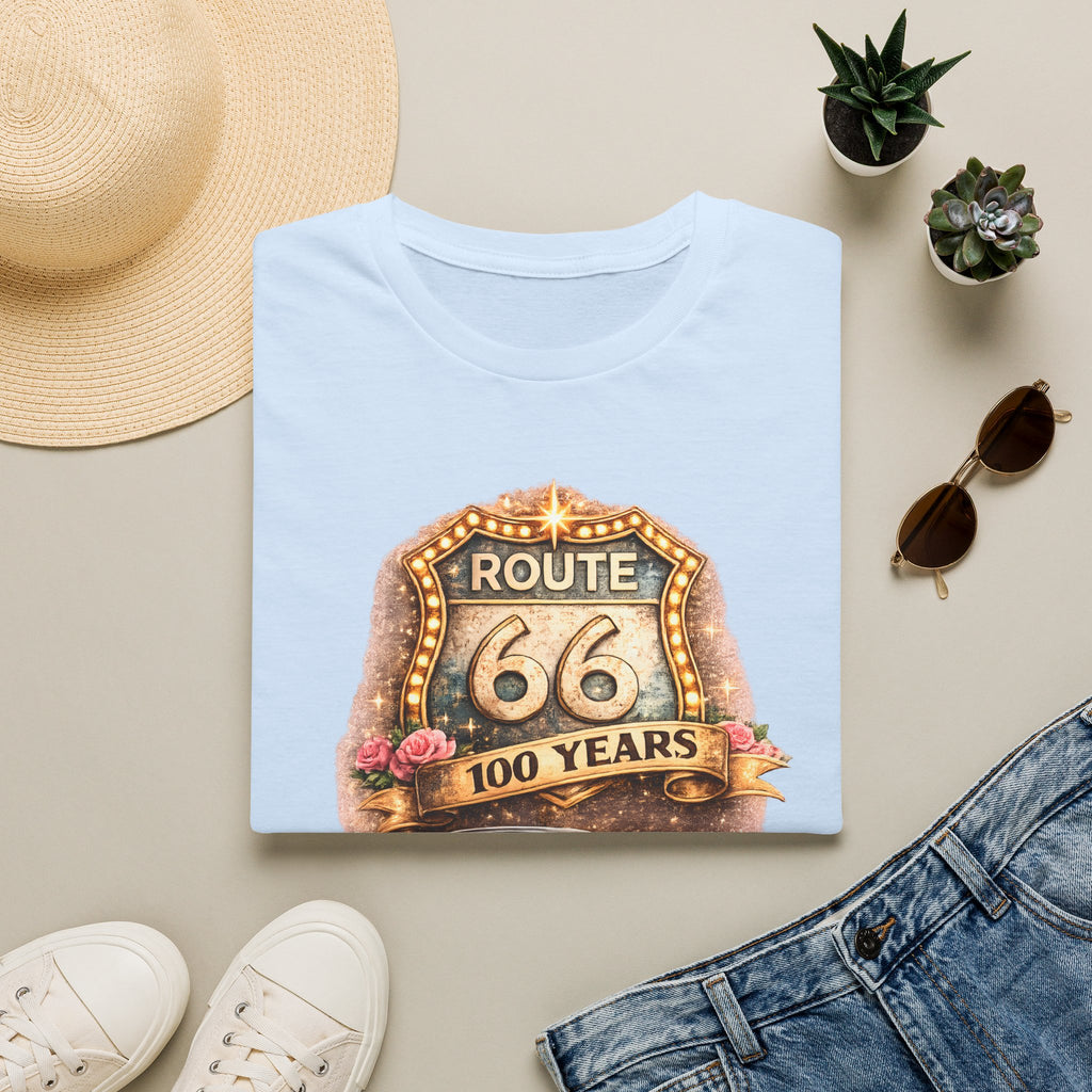 Route 66 100 Years Pink Classic Car T-Shirt | Vintage Road Trip Tee