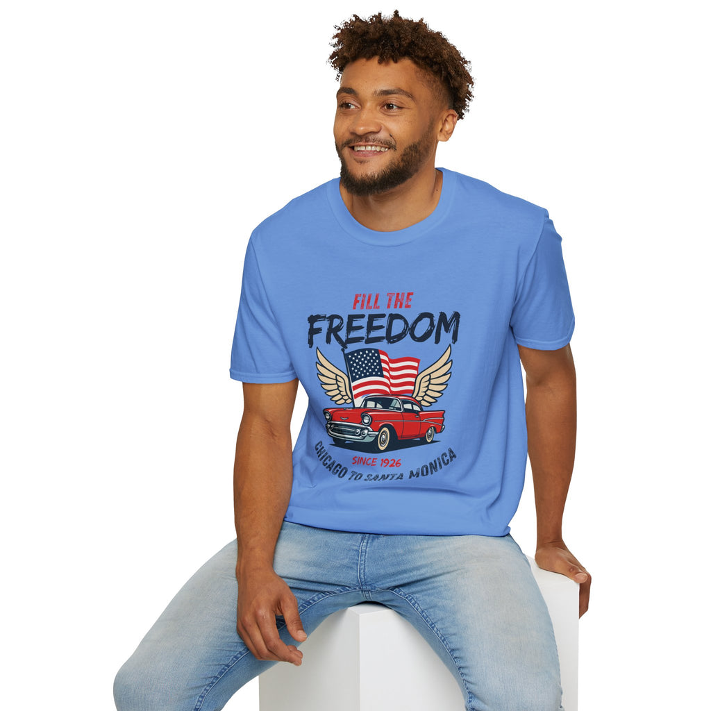 Fill the Freedom Vintage Car T-Shirt | American Flag Wings Chicago to Santa Monica Route 66