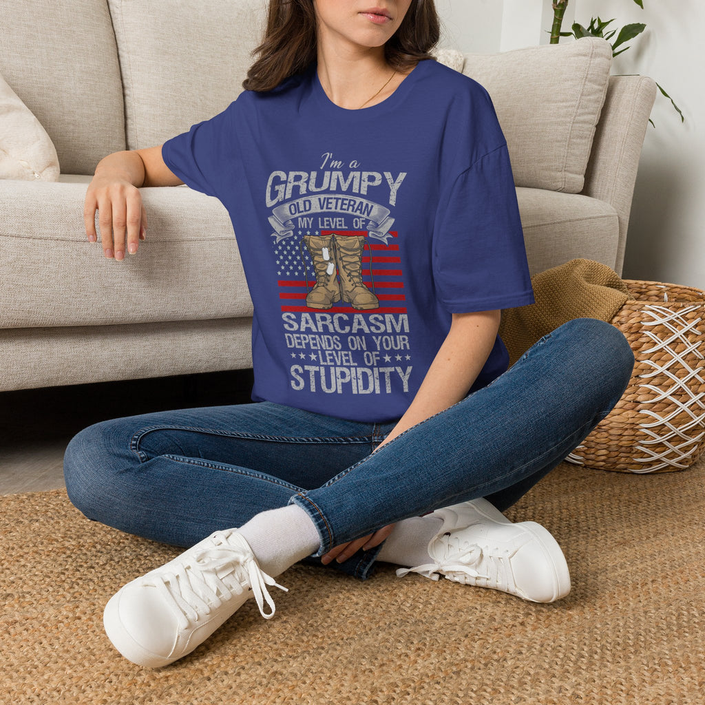 Grumpy Old Veteran Boots, T-Shirt | American Flag, Sarcasm Depends on Stupidity