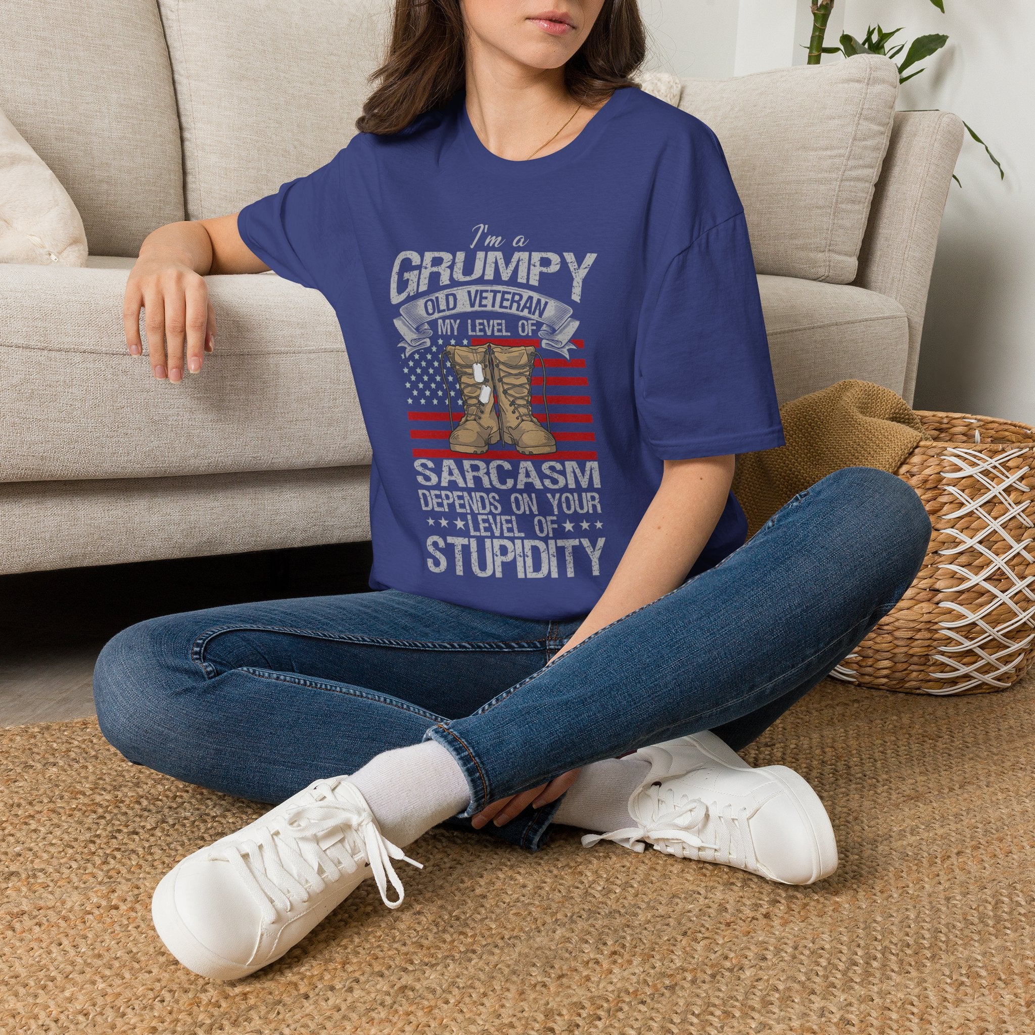 Grumpy Old Veteran Boots, T-Shirt | American Flag, Sarcasm Depends on Stupidity