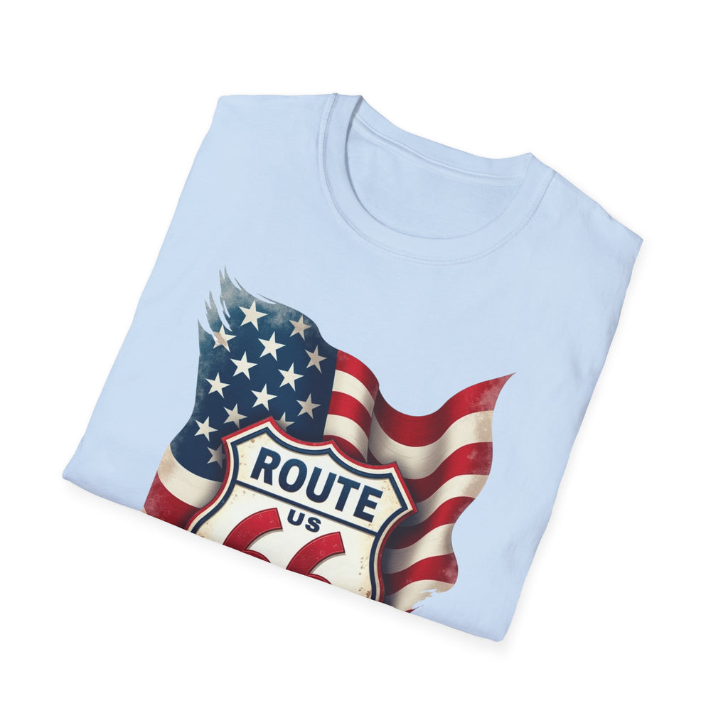 Route 66 Shield with American Flag T-Shirt | Vintage Road Trip Tee