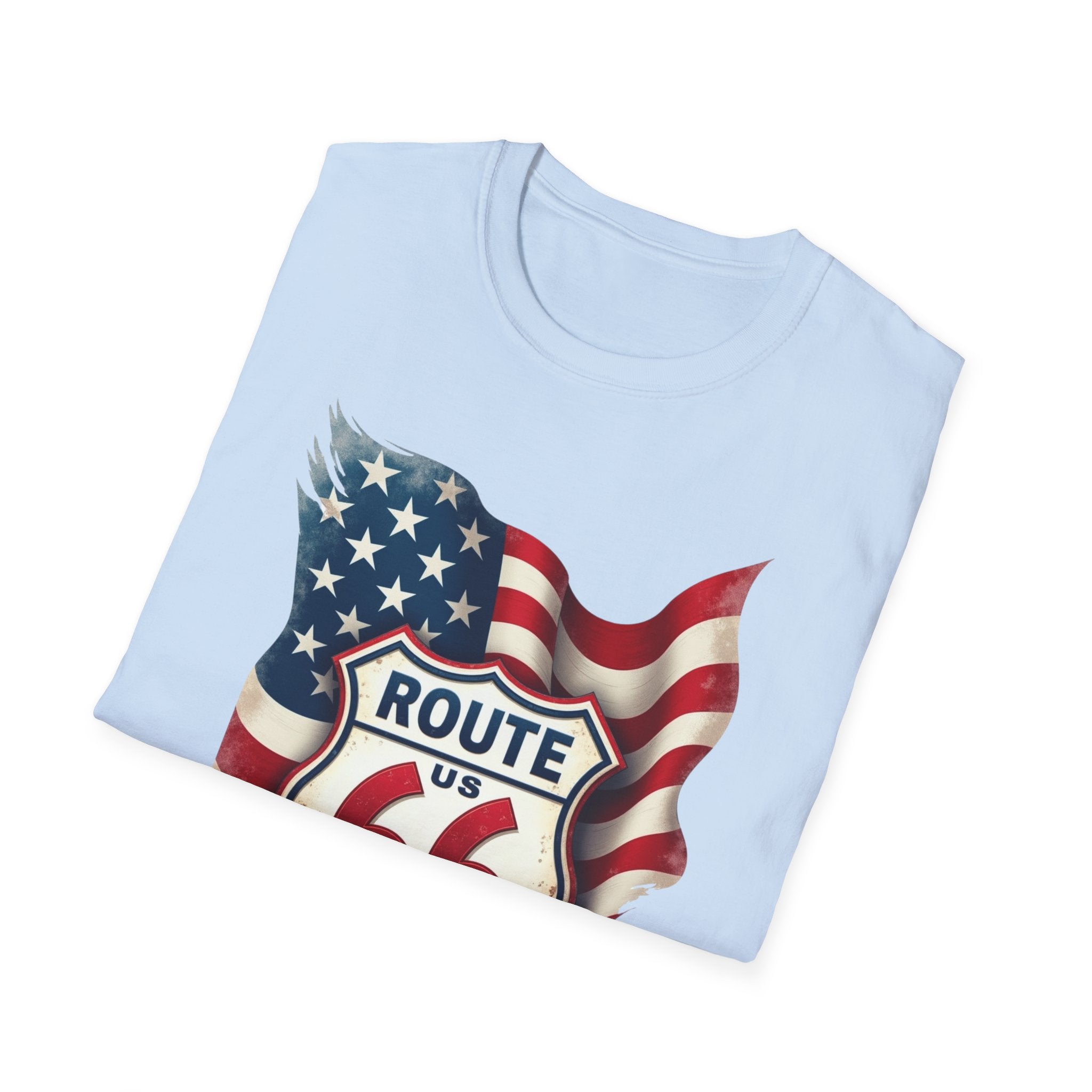 Route 66 Shield with American Flag T-Shirt | Vintage Road Trip Tee