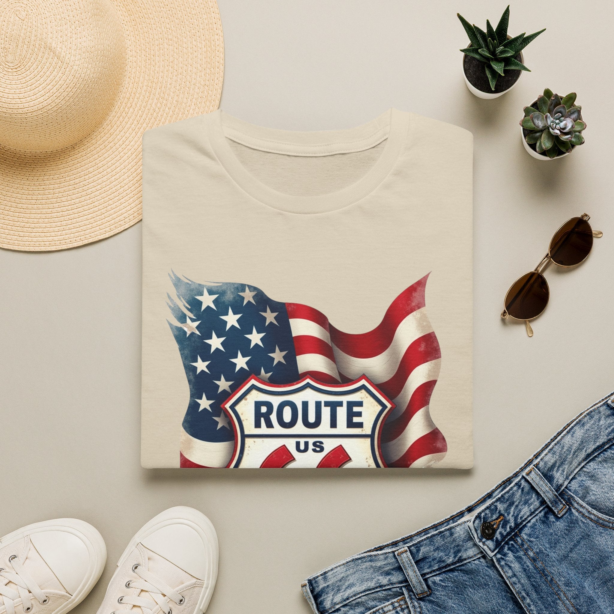 Route 66 Shield with American Flag T-Shirt | Vintage Road Trip Tee