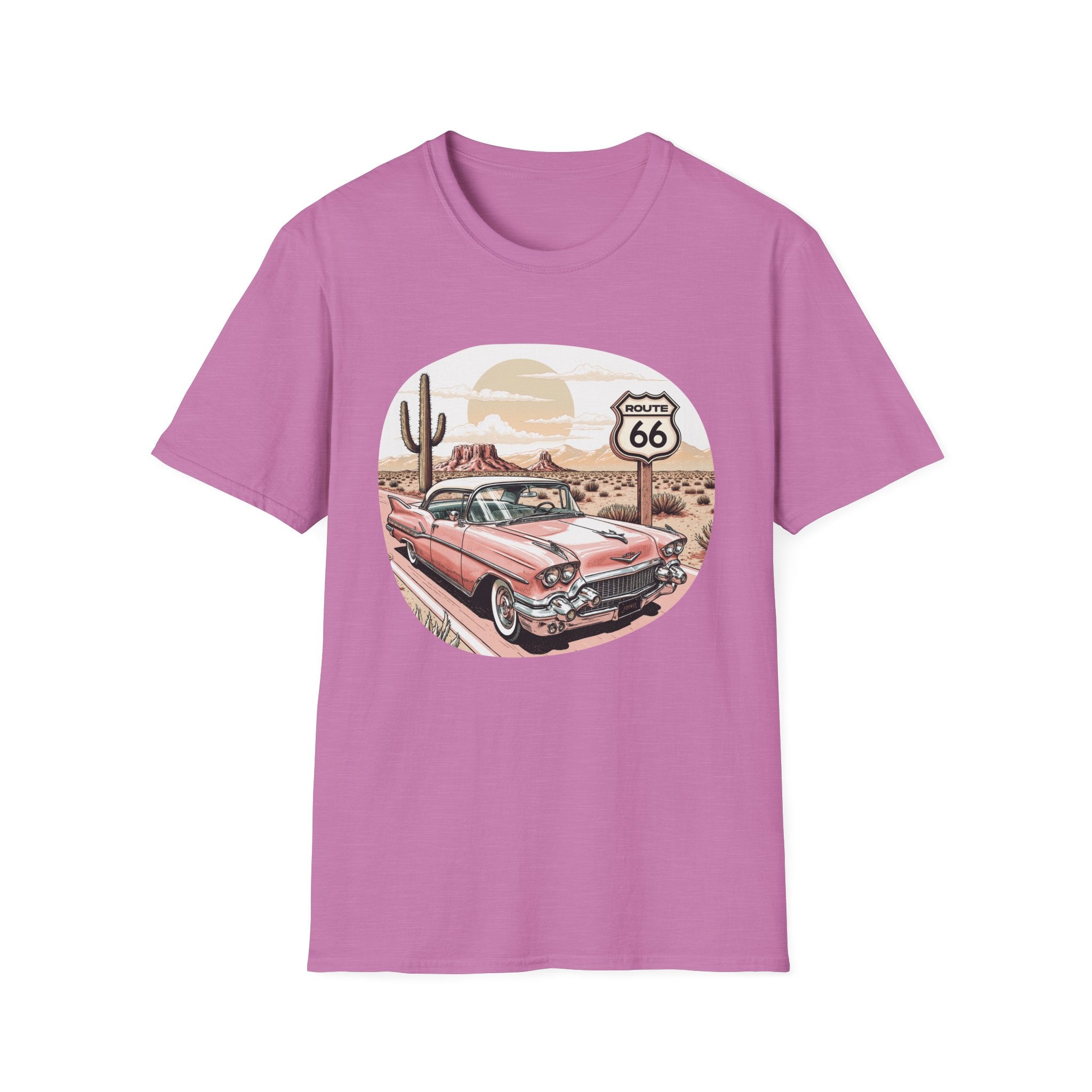 Retro Pink Classic Car Route 66 T-Shirt | Desert Cactus Vintage Roadtrip