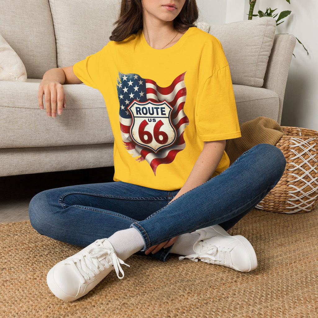 Route 66 Shield with American Flag T-Shirt | Vintage Road Trip Tee