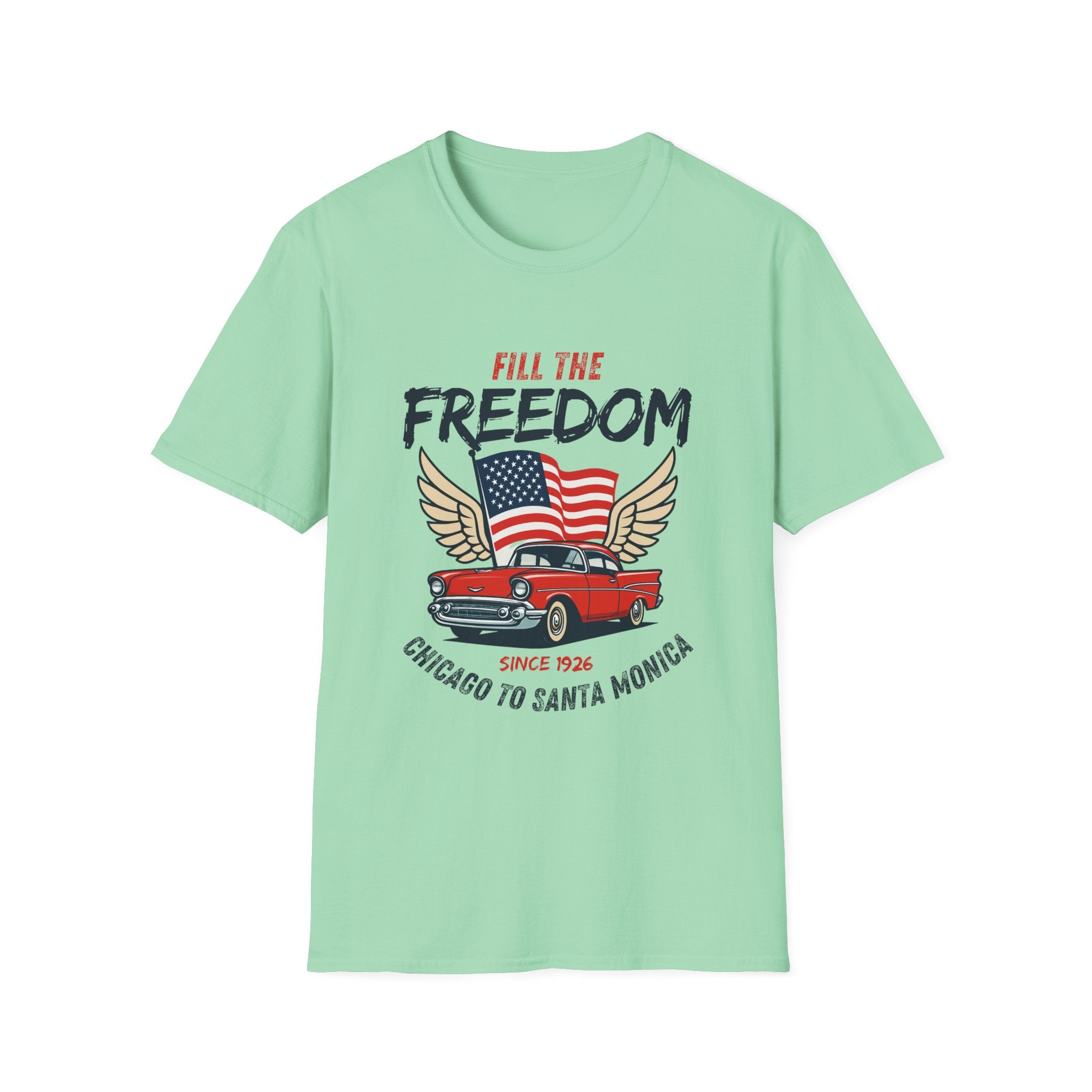 Fill the Freedom Vintage Car T-Shirt | American Flag Wings Chicago to Santa Monica