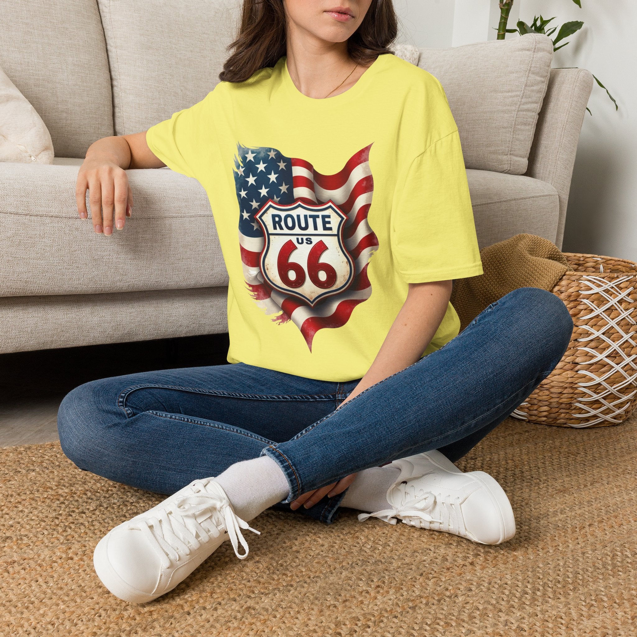 Route 66 Shield with American Flag T-Shirt | Vintage Road Trip Tee