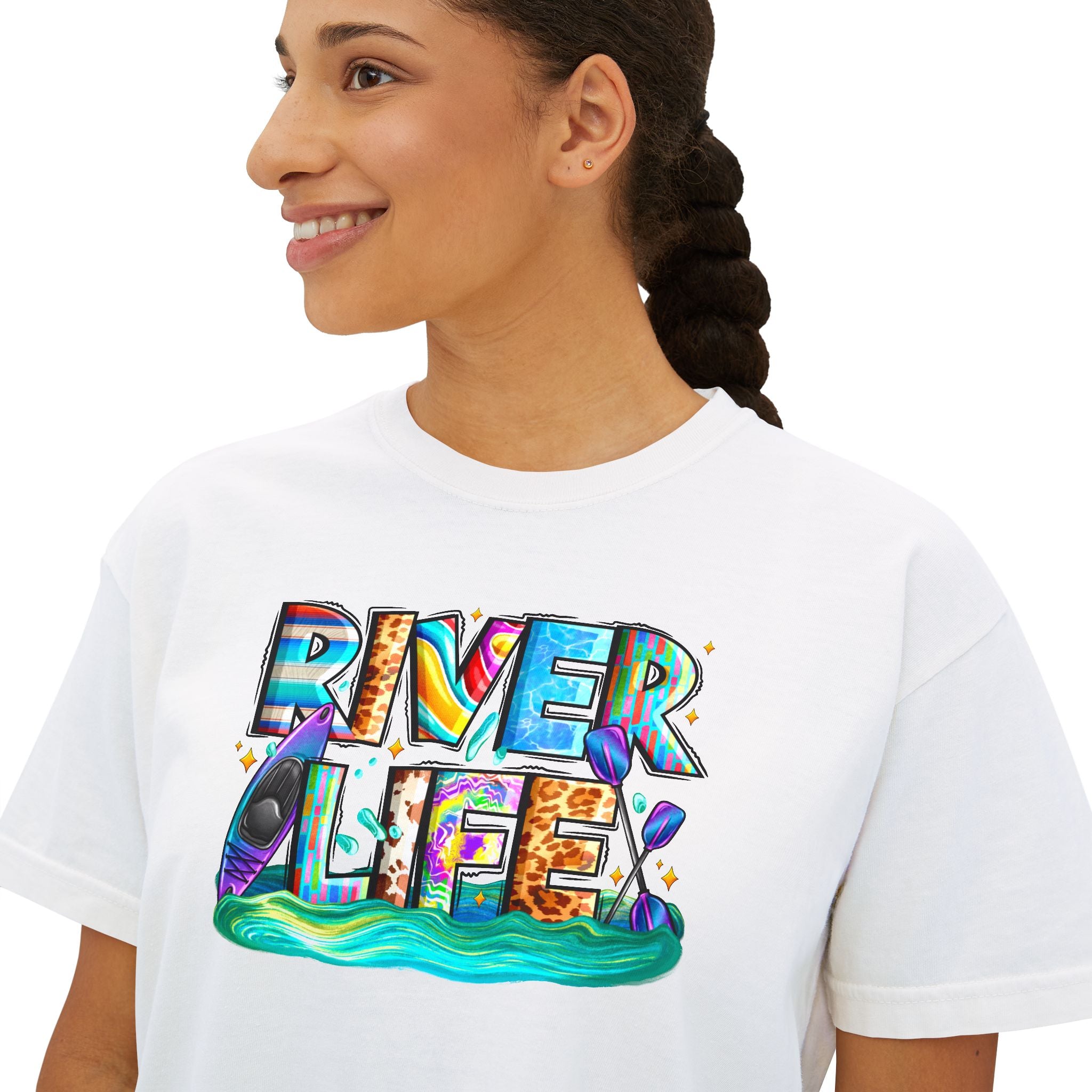 River Life boxy tee | colorful river lettering, kayak, fishing graphics