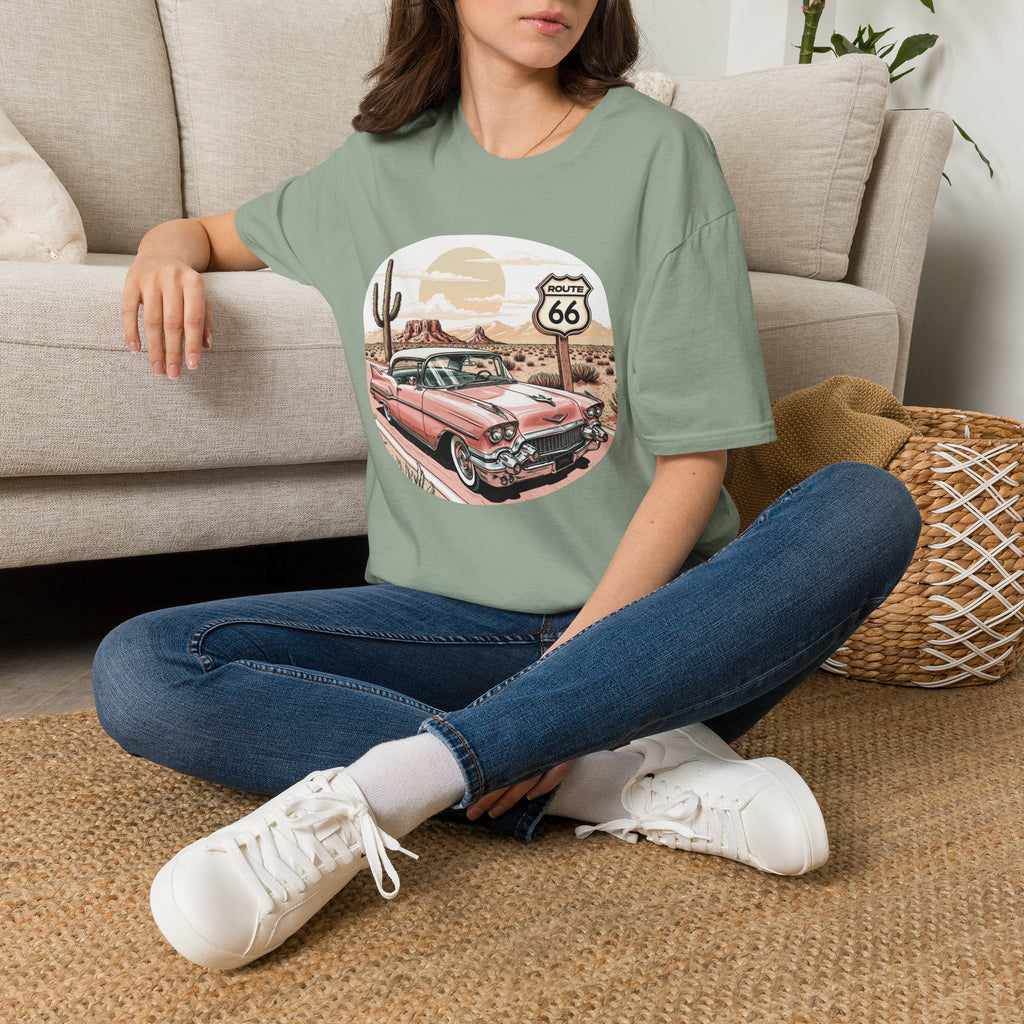 Retro Pink Classic Car Route 66 T-Shirt | Desert Cactus Vintage Roadtrip