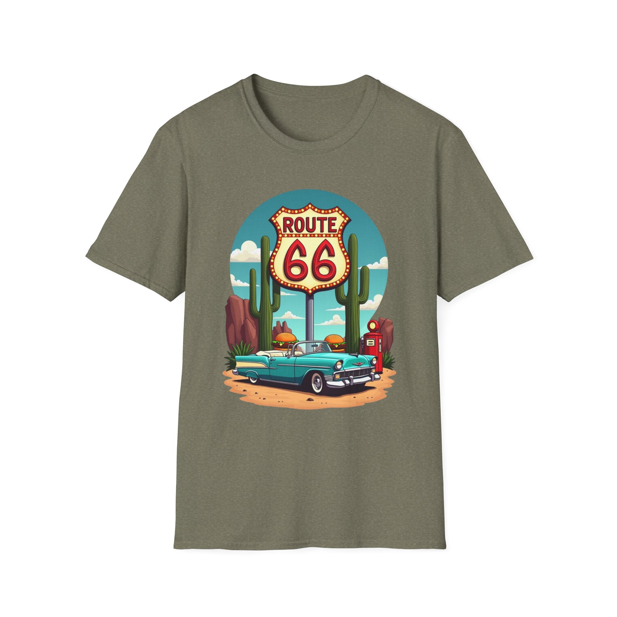 Route 66 Classic Car T-Shirt | Retro Desert Road Sign, Vintage Convertible