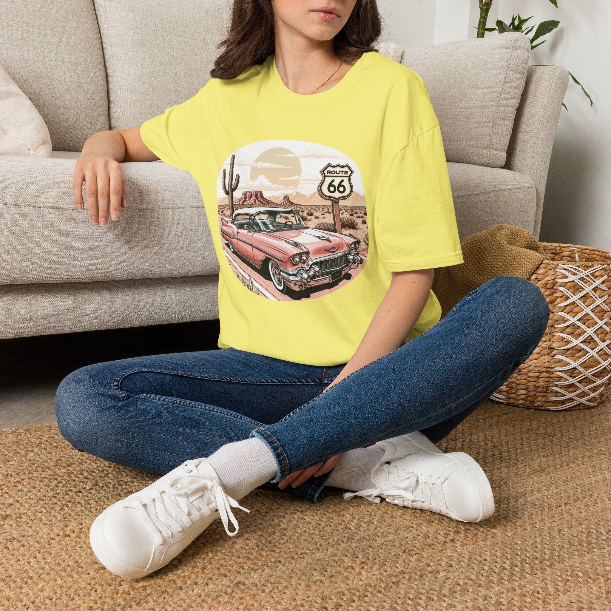 Retro Pink Classic Car Route 66 T-Shirt | Desert Cactus Vintage Roadtrip