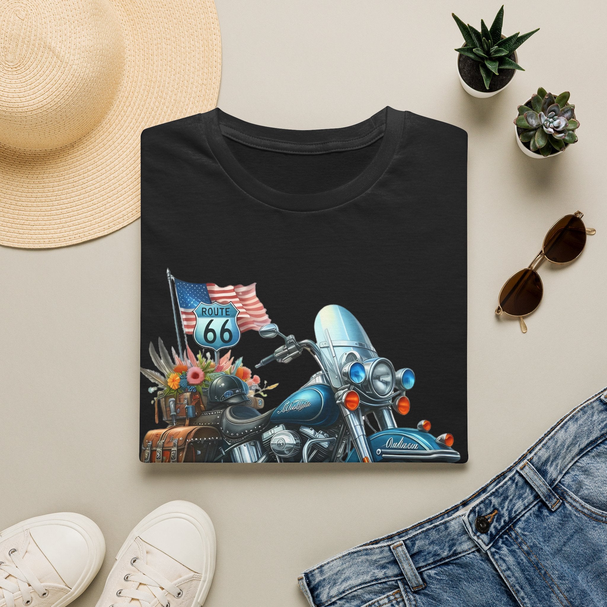 Route 66 Motorcycle Illustration T-Shirt | American Flag, Sunflowers