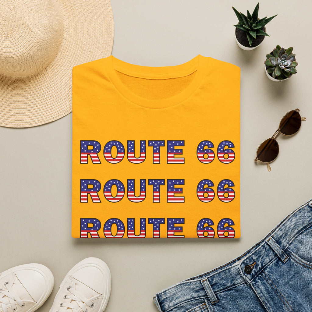 Route 66 Retro Text T-Shirt | American Flag Roadtrip Graphic
