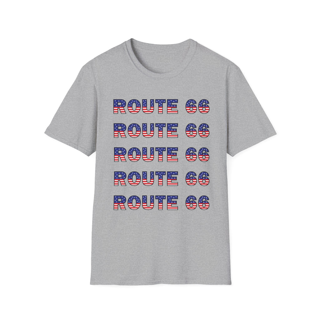 Route 66 Retro Text T-Shirt | American Flag Roadtrip Graphic