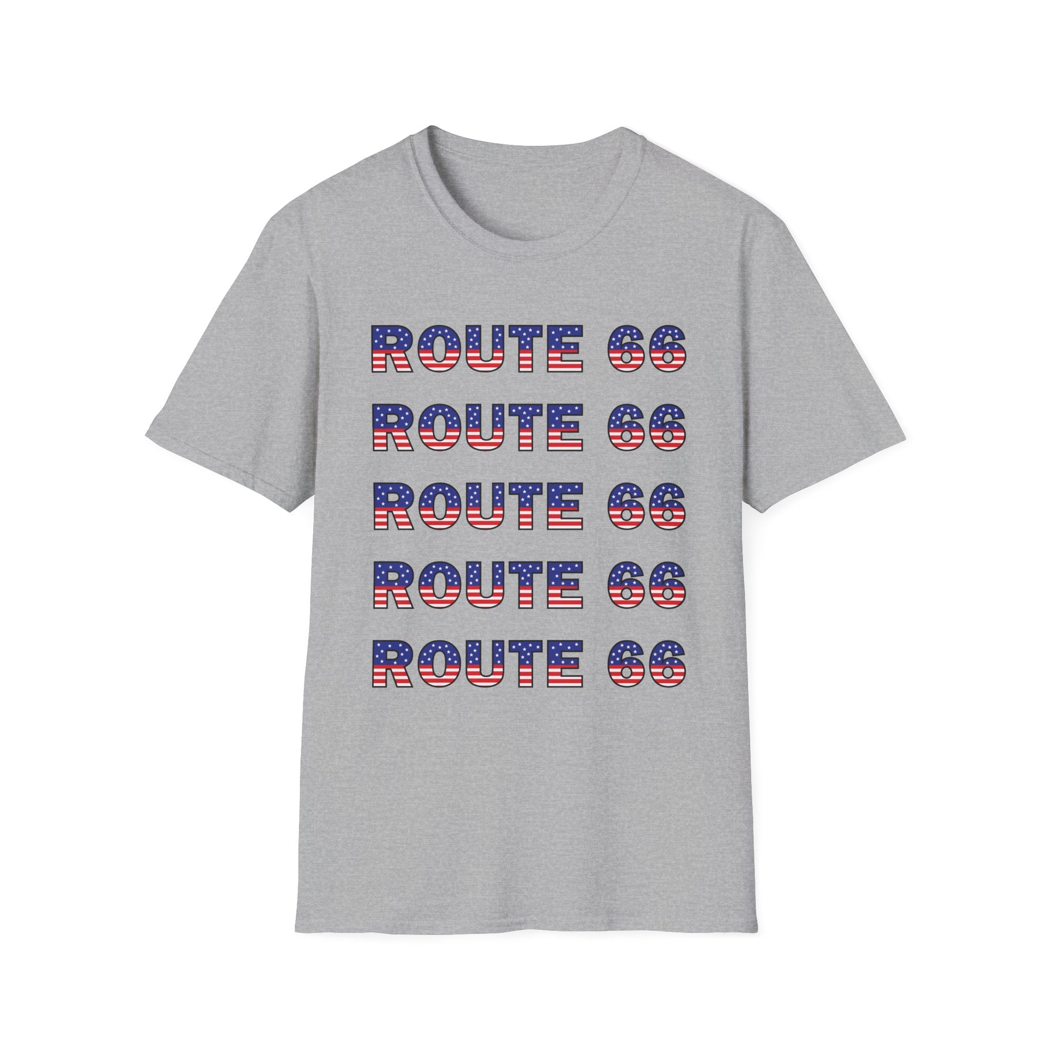 Route 66 Retro Text T-Shirt | American Flag Roadtrip Graphic