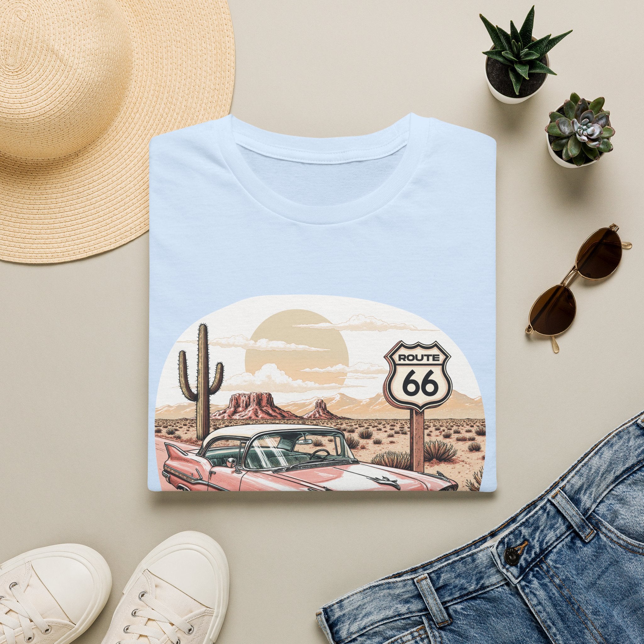 Retro Pink Classic Car Route 66 T-Shirt | Desert Cactus Vintage Roadtrip