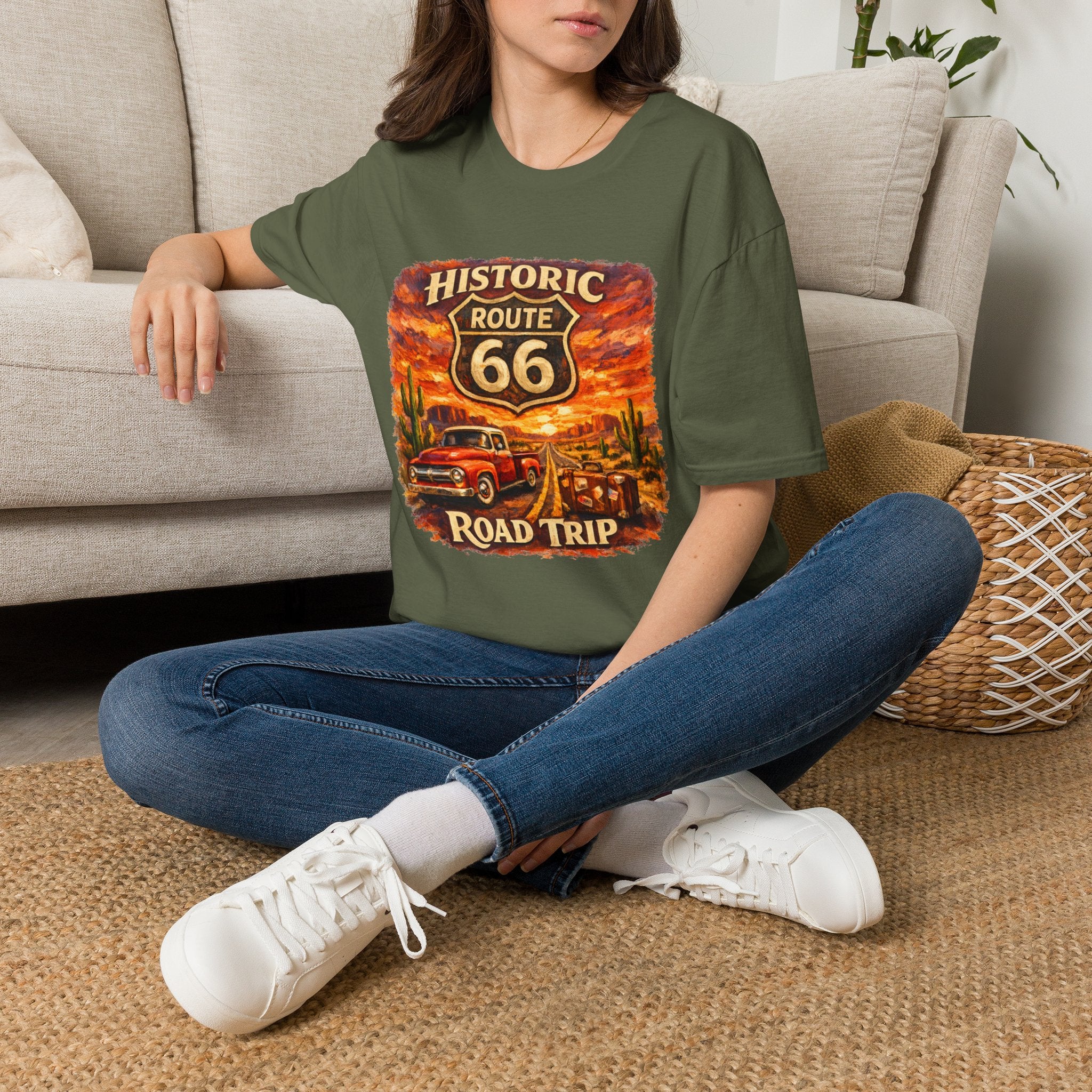 Historic Route 66 Road Trip T-Shirt | Vintage Car Desert Sunset