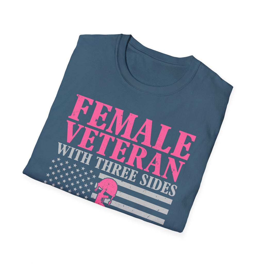 Female Veteran with Three Sides T-Shirt | American Flag, Pink Helmet, Military Pride