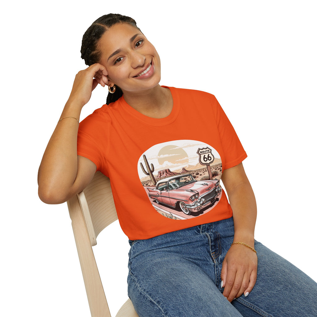 Retro Pink Classic Car Route 66 T-Shirt | Desert Cactus Vintage Roadtrip