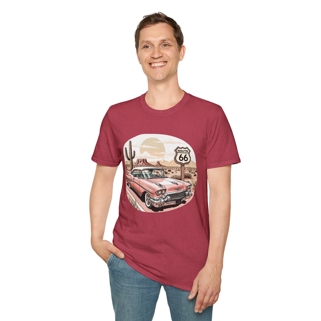 Retro Pink Classic Car Route 66 T-Shirt | Desert Cactus Vintage Roadtrip