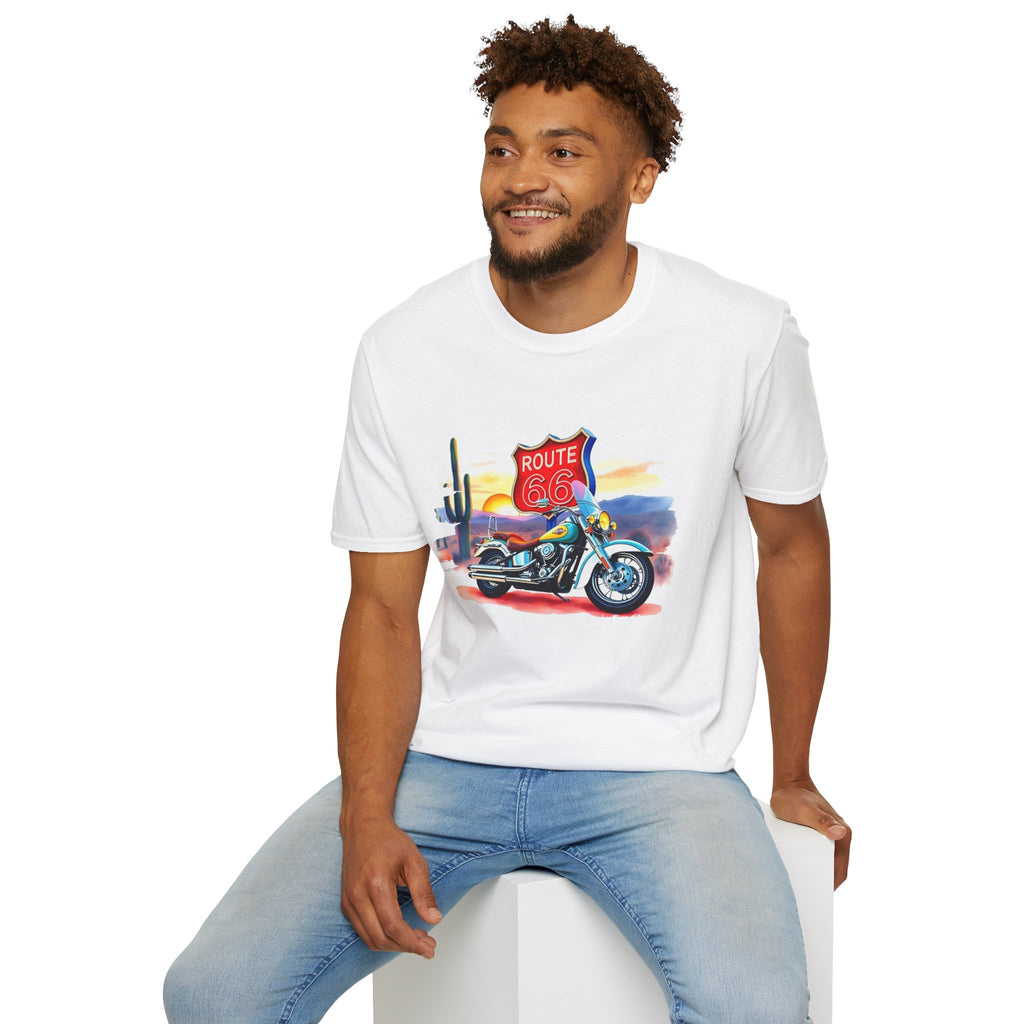 Route 66 Motorcycle T-Shirt | Desert Sunset Biker Graphic