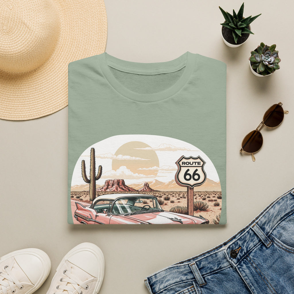Retro Pink Classic Car Route 66 T-Shirt | Desert Cactus Vintage Roadtrip