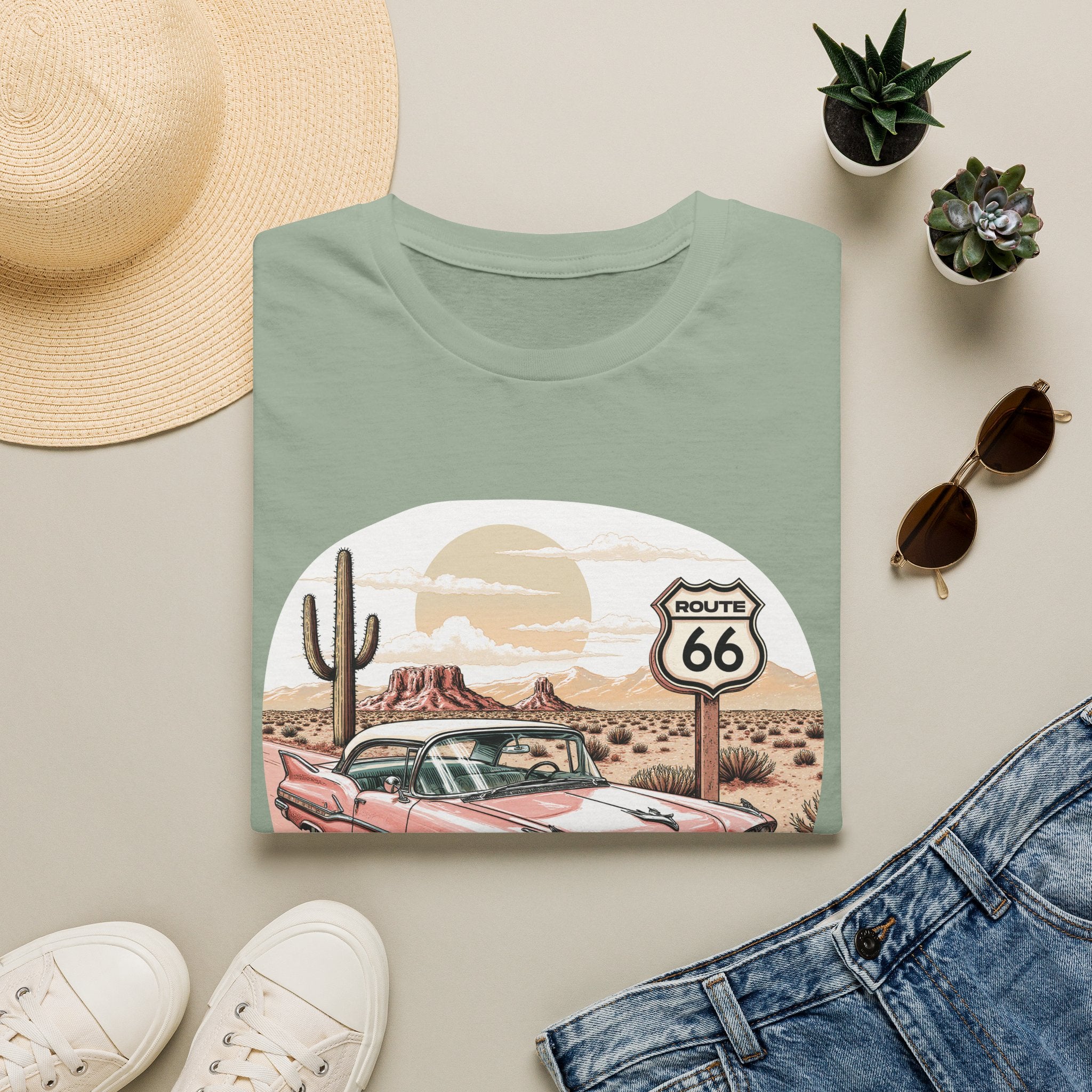 Retro Pink Classic Car Route 66 T-Shirt | Desert Cactus Vintage Roadtrip